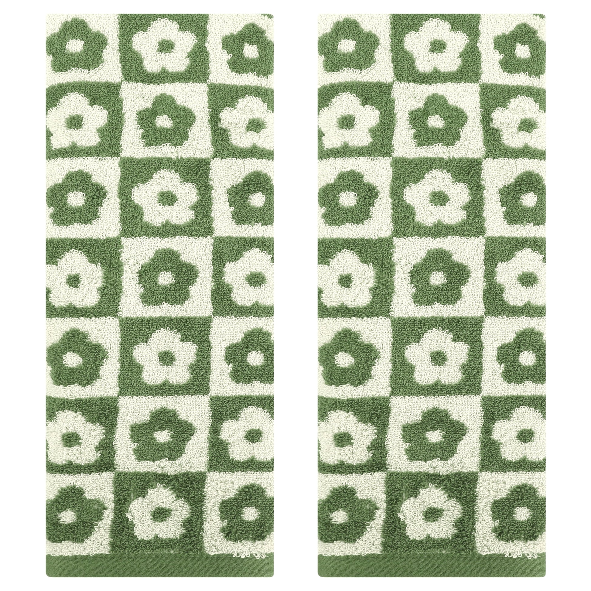 Unique Bargains Checkered Floral Hand Towels Soft Absorbent Bathroom Towel Green 2-Piece