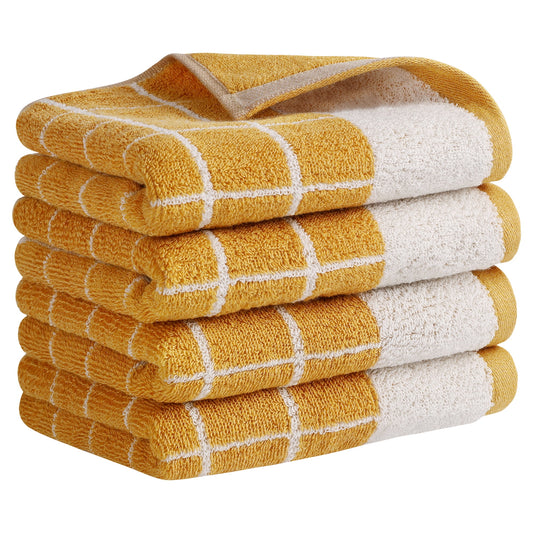 Unique Bargains Checkered Pure Cotton Hand Towel Set Yellow 4-Piece