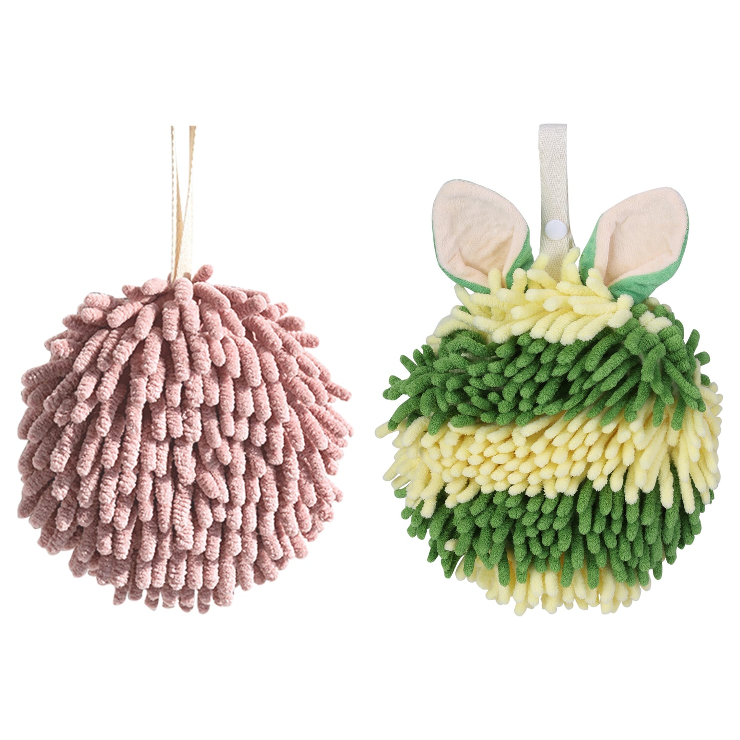 Unique Bargains Chenille Ball Fuzzy Hand Towel 2 Pcs Dark Pink/Green 6" x 6"/7" x 7"