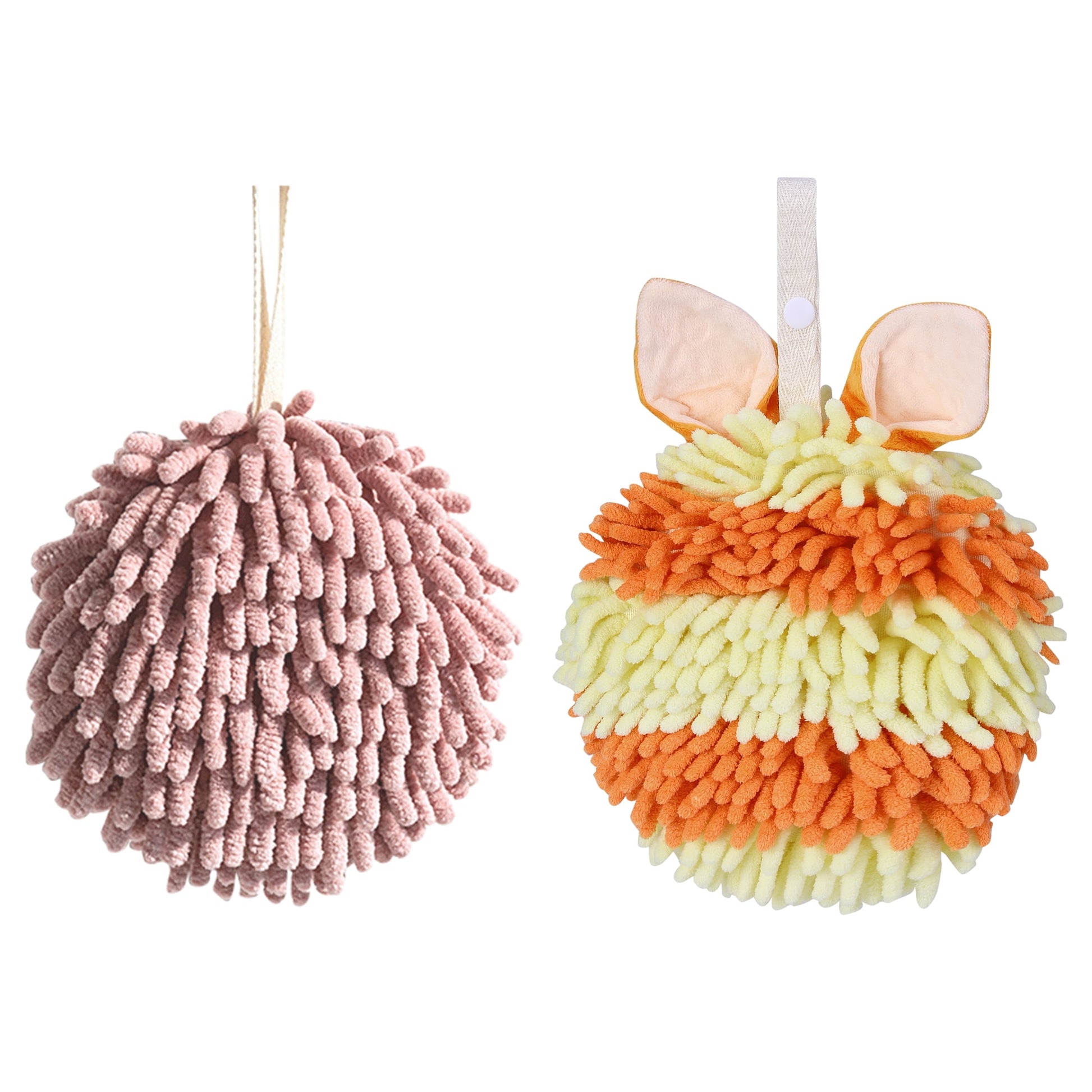 Unique Bargains Chenille Ball Fuzzy Hand Towel 2 Pcs Dark Pink/Orange 6" x 6"/7" x 7"