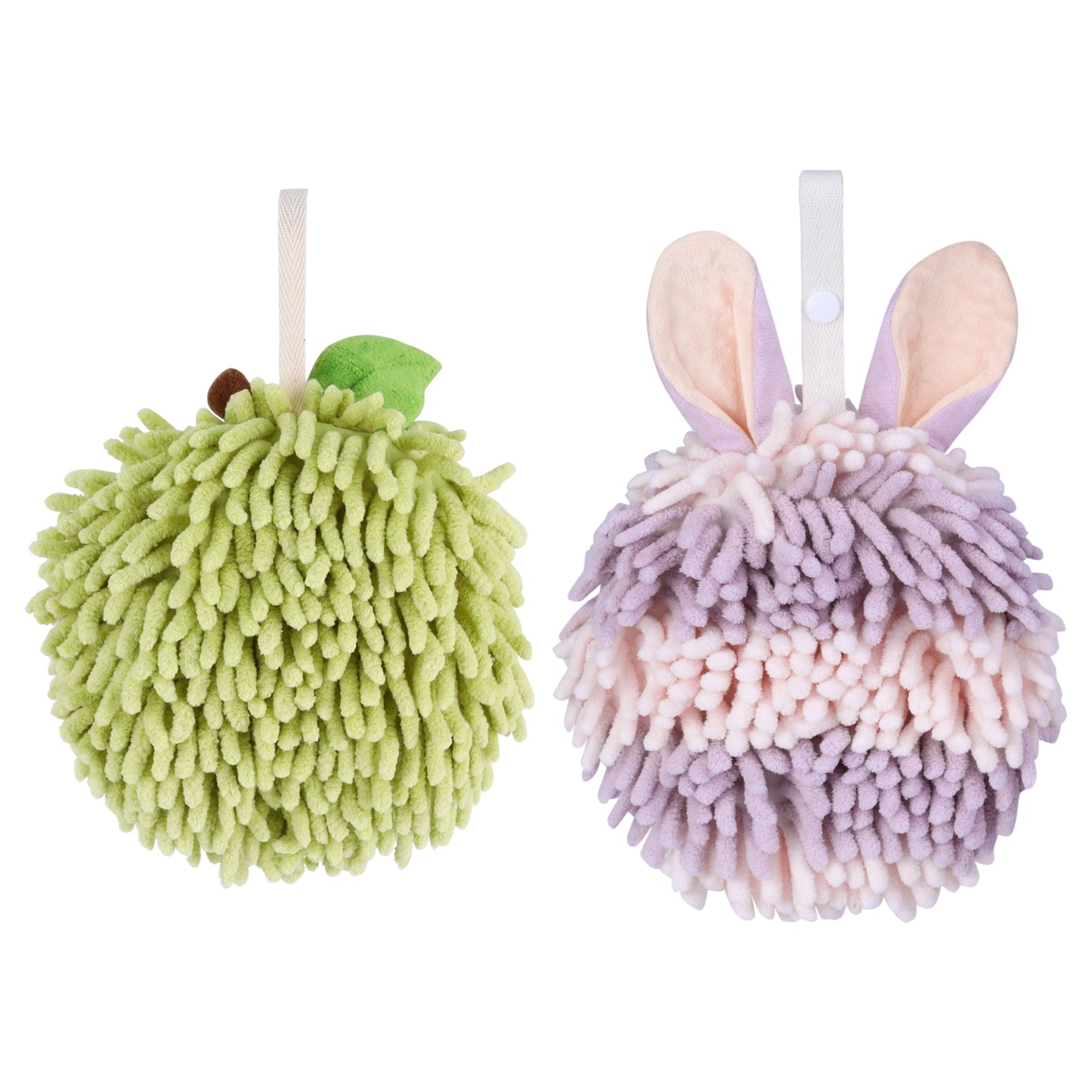 Unique Bargains Chenille Ball Fuzzy Hand Towel 2 Pcs Green/Purple 6" x 6"/7" x 7"