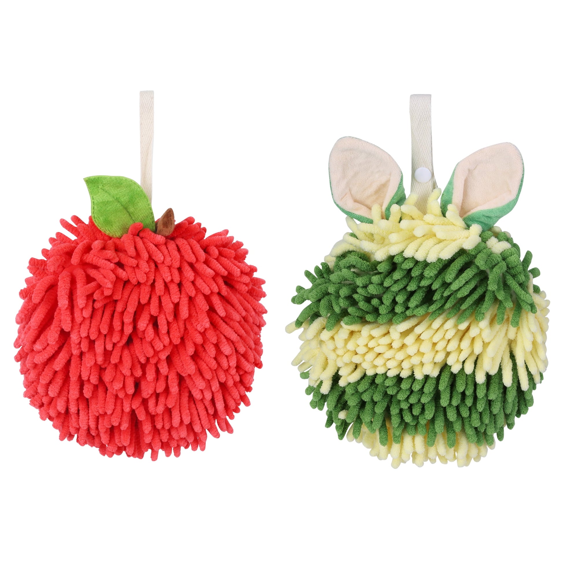 Unique Bargains Chenille Ball Fuzzy Hand Towel 2 Pcs Red/Green 6" x 6"/7" x 7"