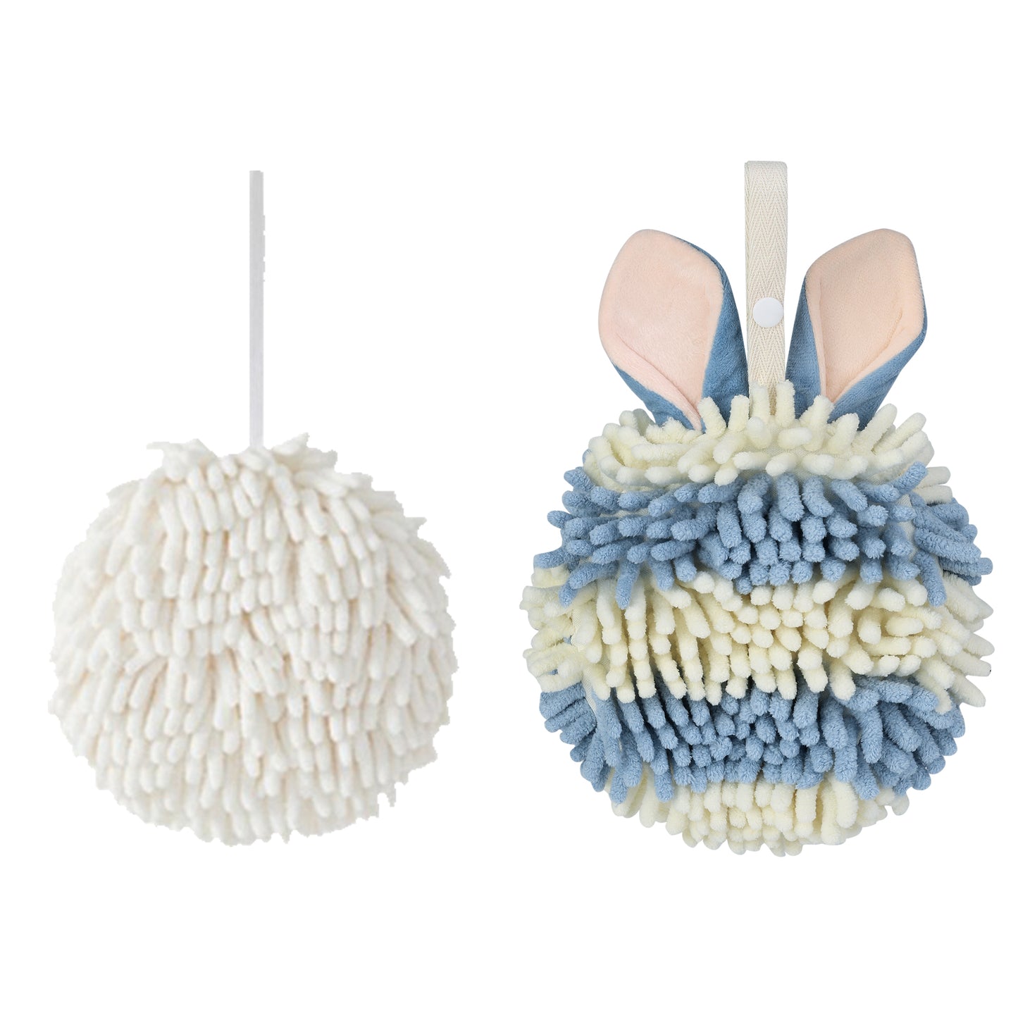 Unique Bargains Chenille Ball Fuzzy Hand Towel 2 Pcs White/Blue 6" x 6"/7" x 7"