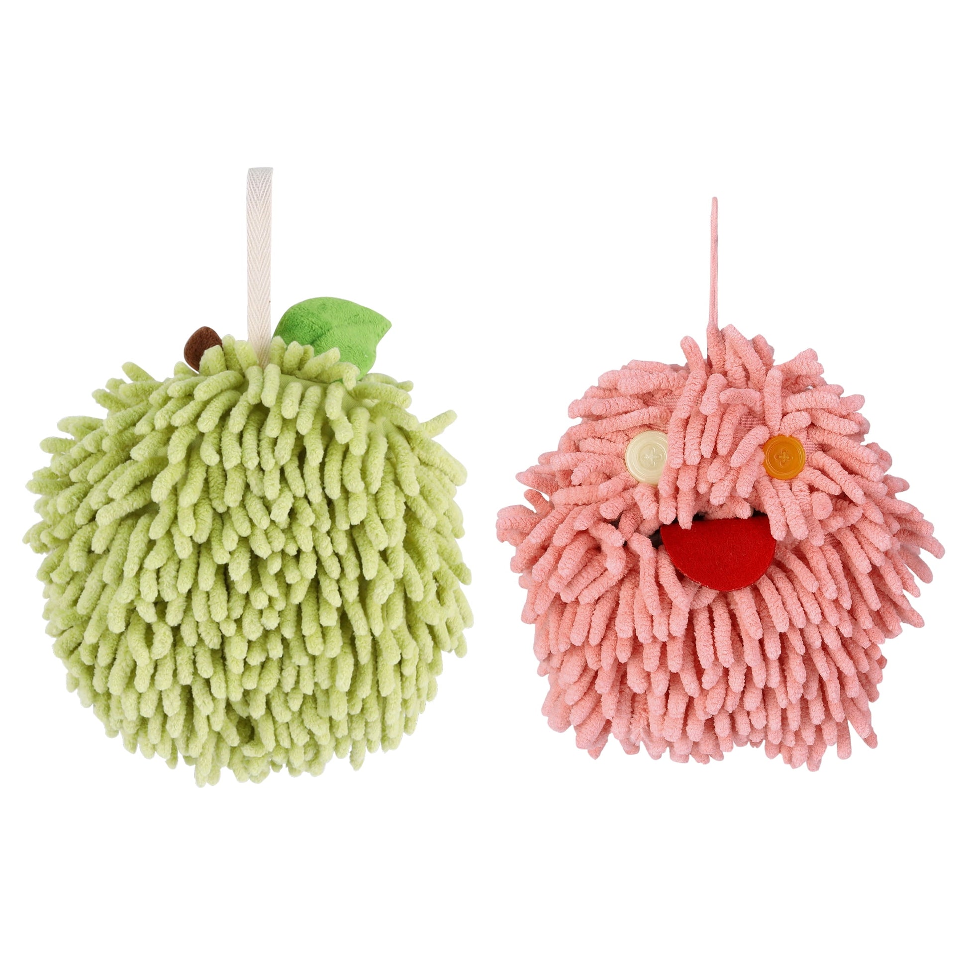 Unique Bargains Chenille Fuzzy Hand Towel 2 Pcs Green/Pink 6" x 6"/7" x 7"