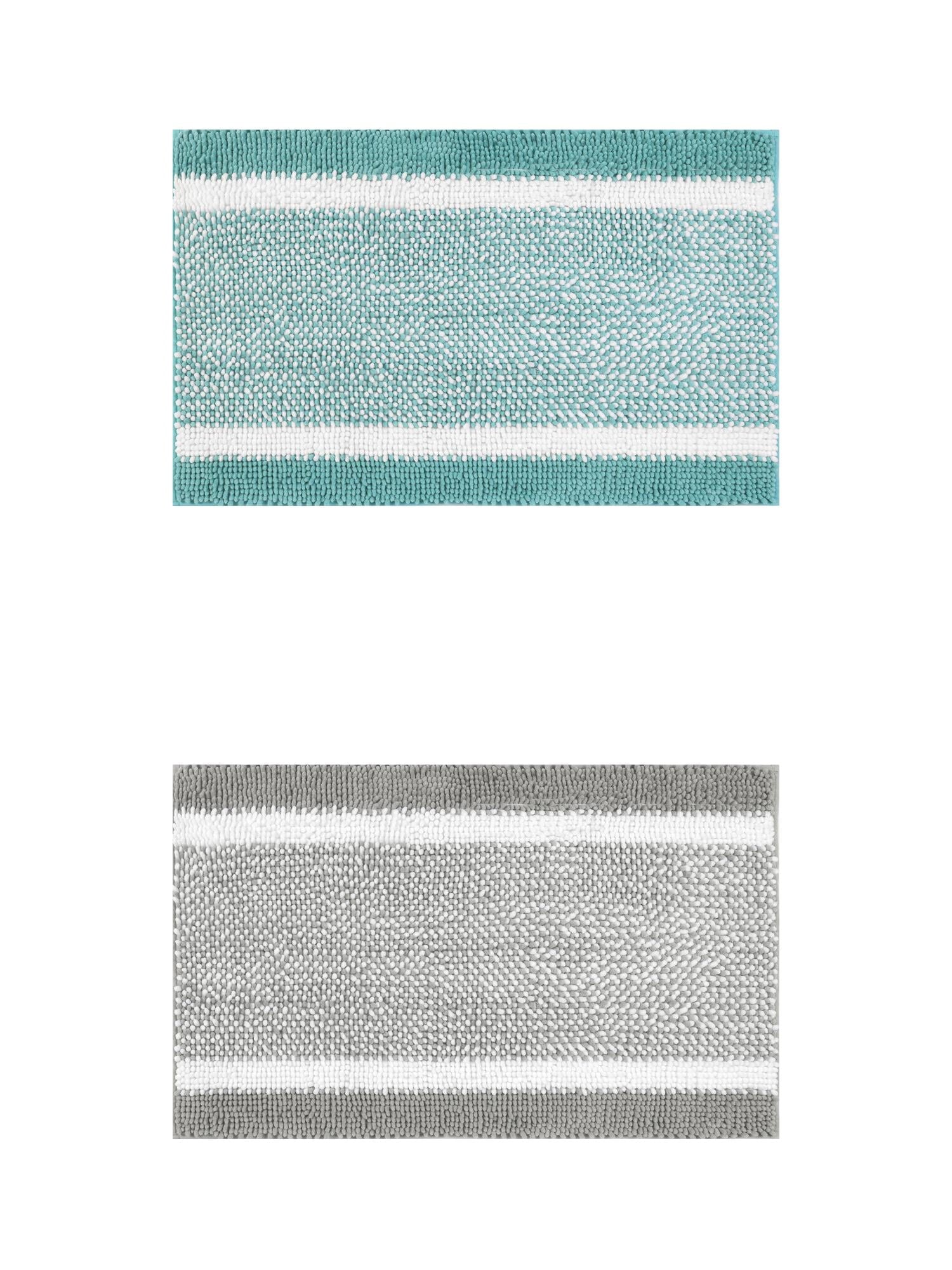 Unique Bargains Chenille Striped Bath Mats 2 Pcs Non-Slip Soft Plush Shaggy Bathroom Rugs  Green/Grey 20" x 32"