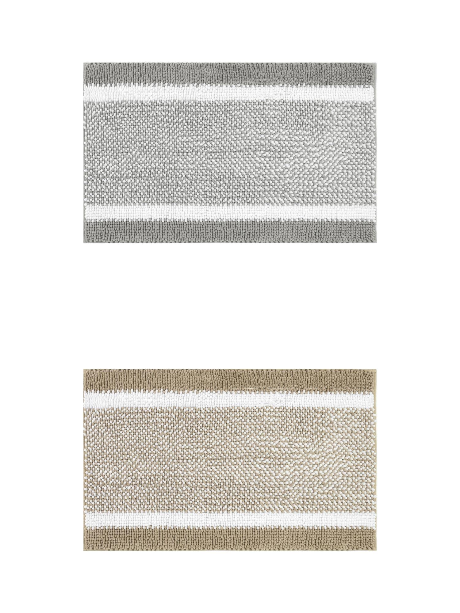 Unique Bargains Chenille Striped Bath Mats 2 Pcs Non-Slip Soft Plush Shaggy Bathroom Rugs  Khaki/Grey 20" x 32"