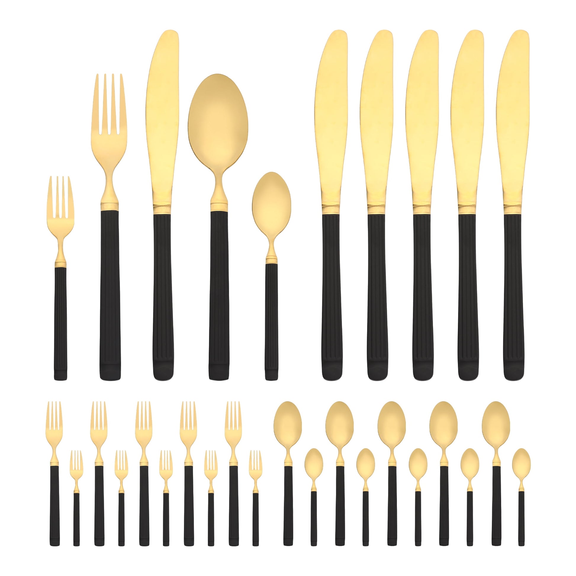 Unique Bargains Classic Mirror Polished Stainless Steel Flatware Set Black Gold 30pcs