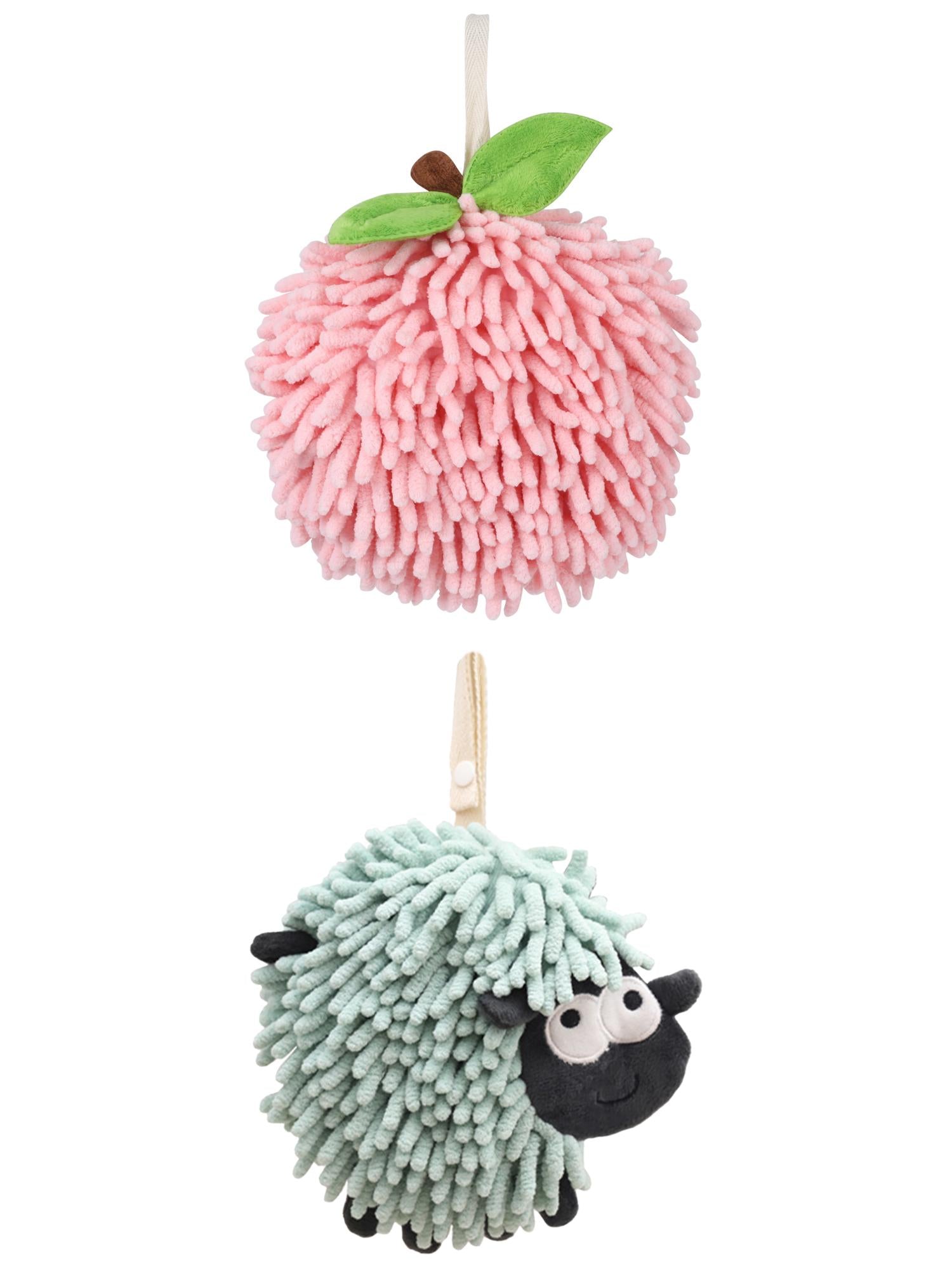 Unique Bargains Cute Chenille Ball Hand Towel 2 Pcs Pink/Green 6" x 6"/7" x 7"