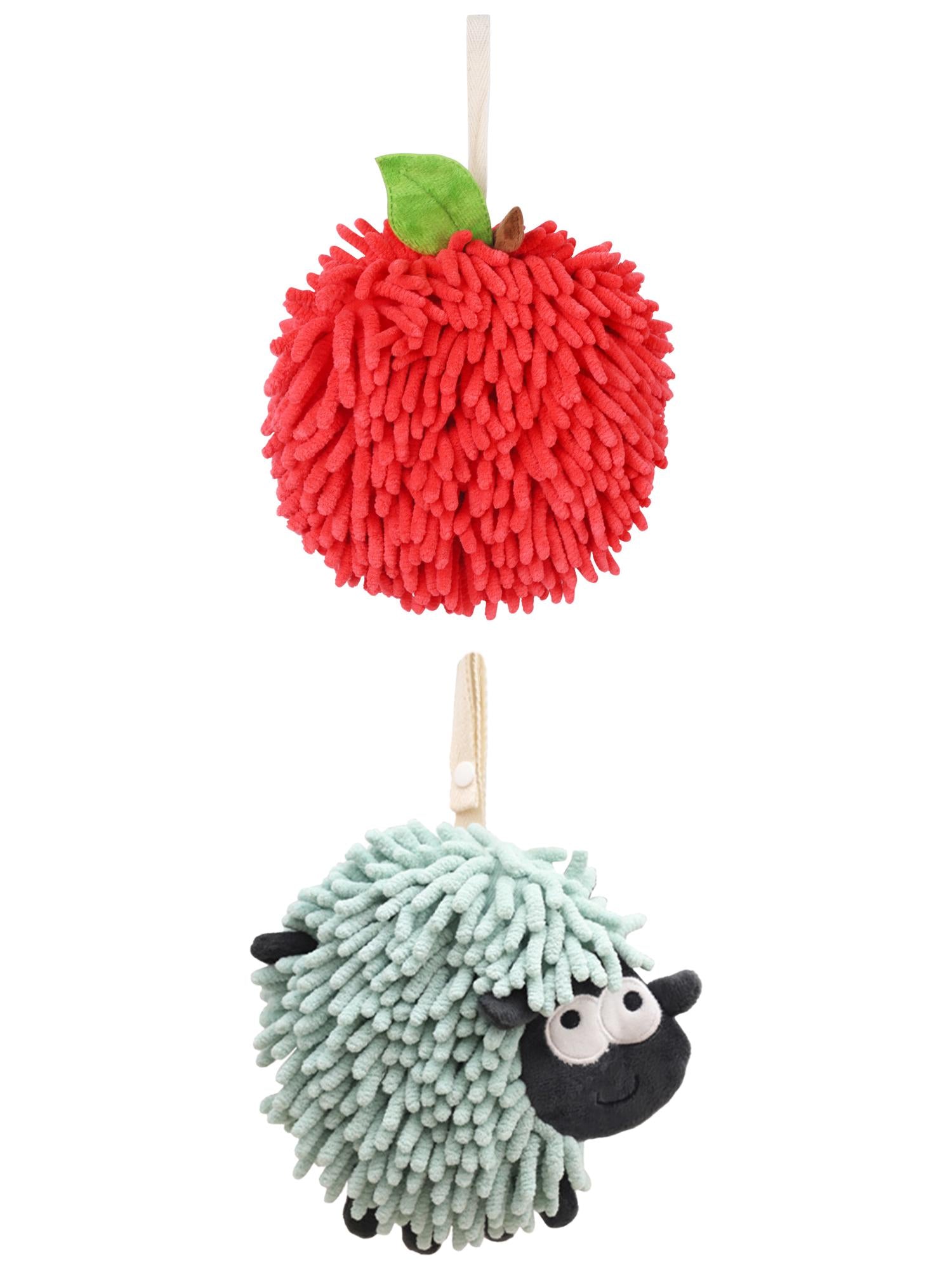 Unique Bargains Cute Chenille Ball Hand Towel 2 Pcs Red/Green 6" x 6"/7" x 7"