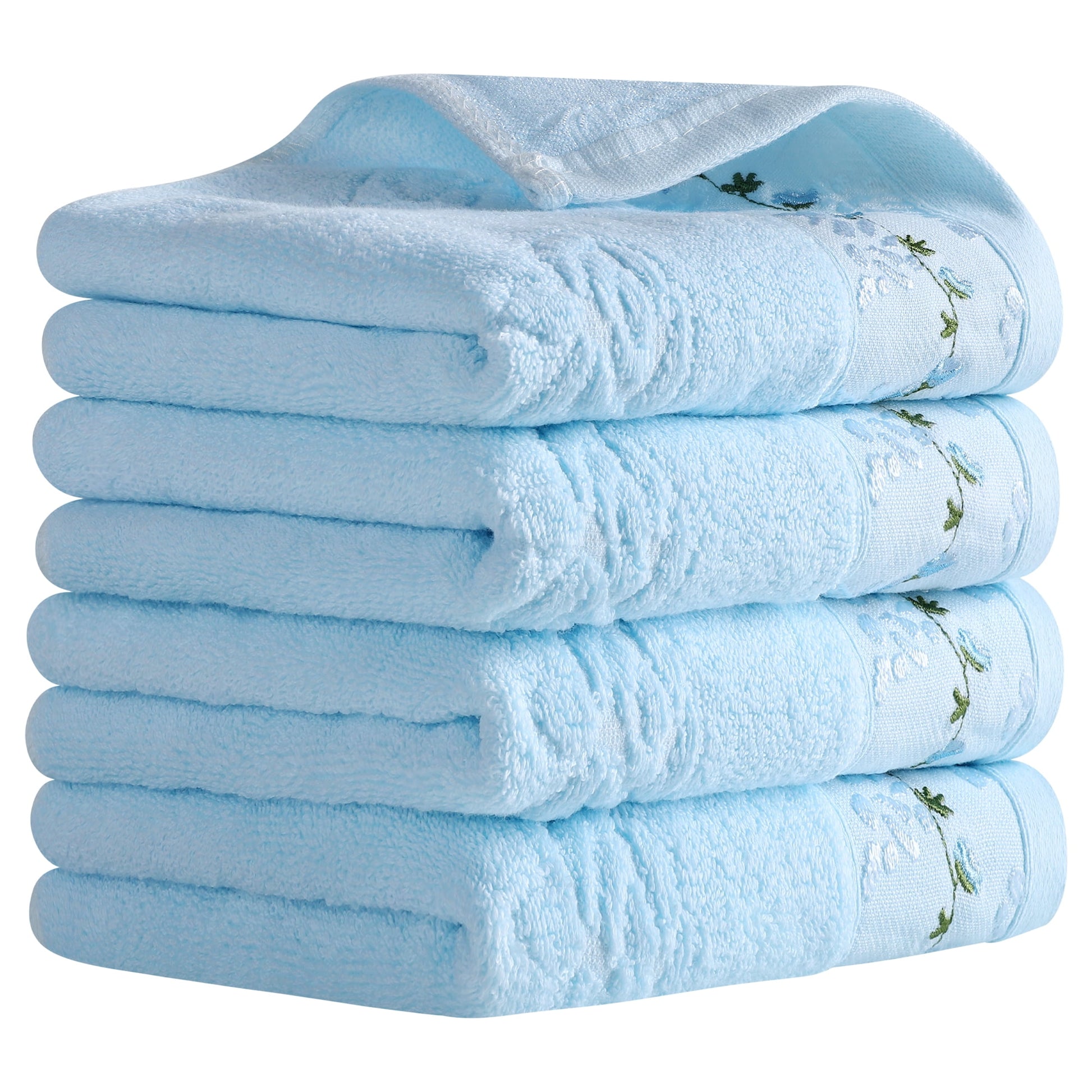 Unique Bargains Floral Embroidered Soft Absorbent Hand Towels Blue 4-Piece