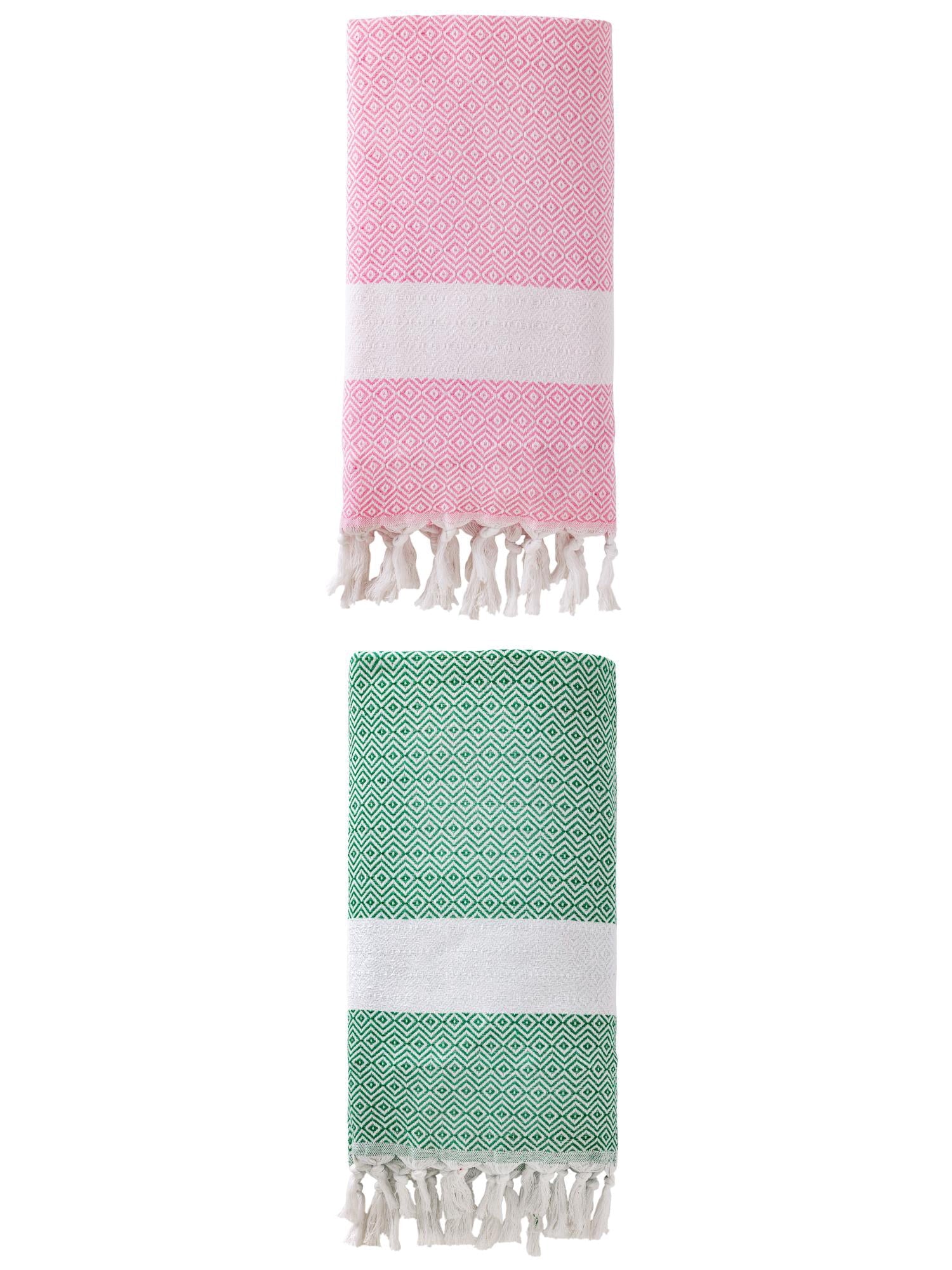 Unique Bargains Geometric Sandproof Turkish Beach Towel Pink/Dark Green 71"x40"