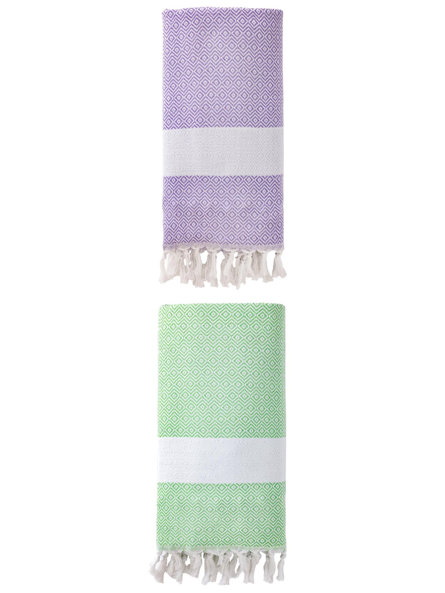 Unique Bargains Geometric Sandproof Turkish Towel 2 Pack Green/Light Purple 71"x40"
