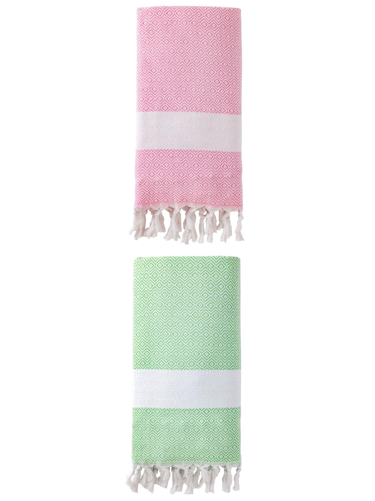 Unique Bargains Geometric Sandproof Turkish Towel 2 Pack Green/Pink 71"x40"