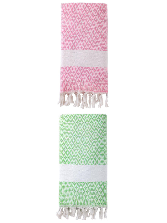 Unique Bargains Geometric Sandproof Turkish Towel 2 Pack Green/Pink 71"x40"