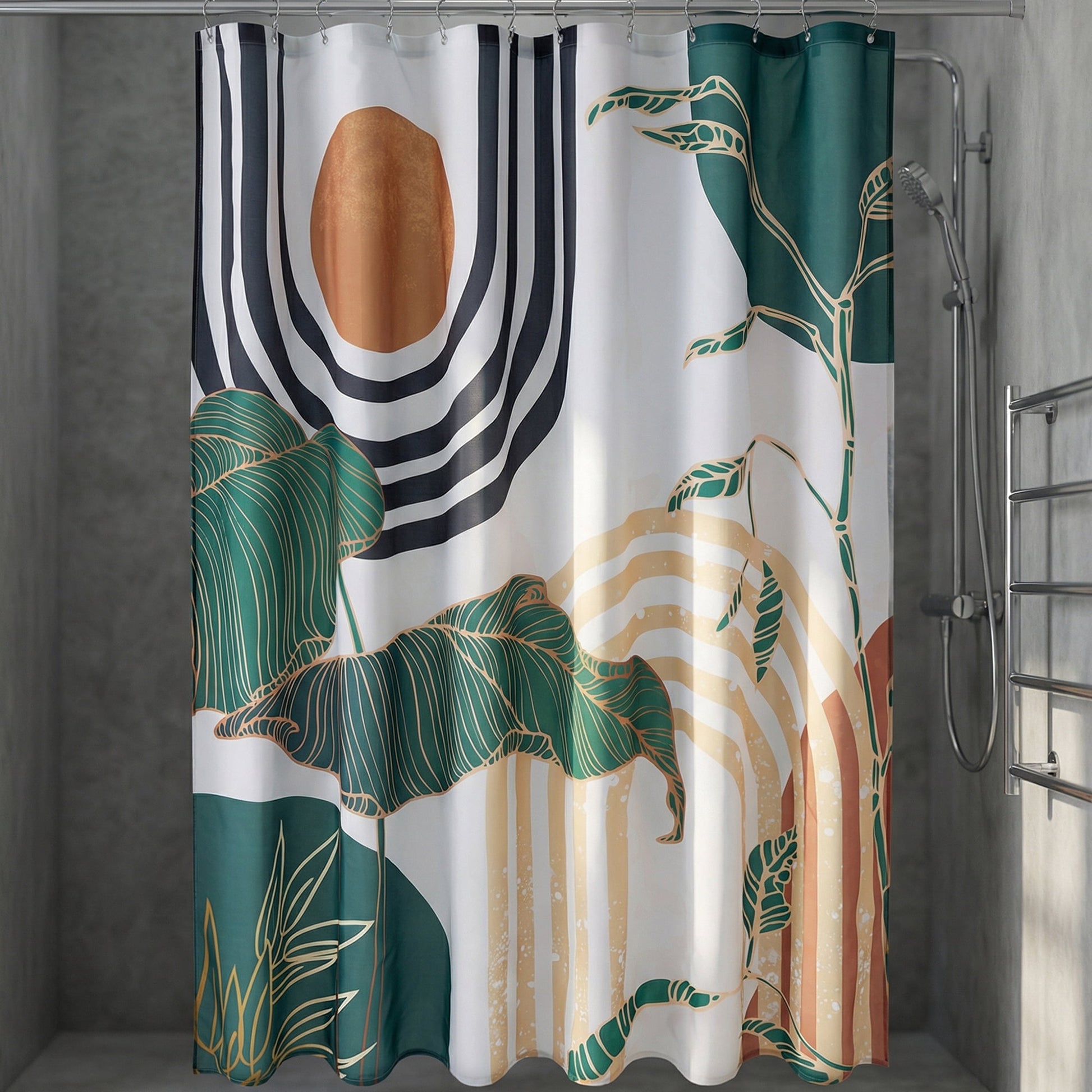 Unique Bargains Leaf Print Shower Curtain Bohemian Waterproof Set Green Black 71"W x 71"L