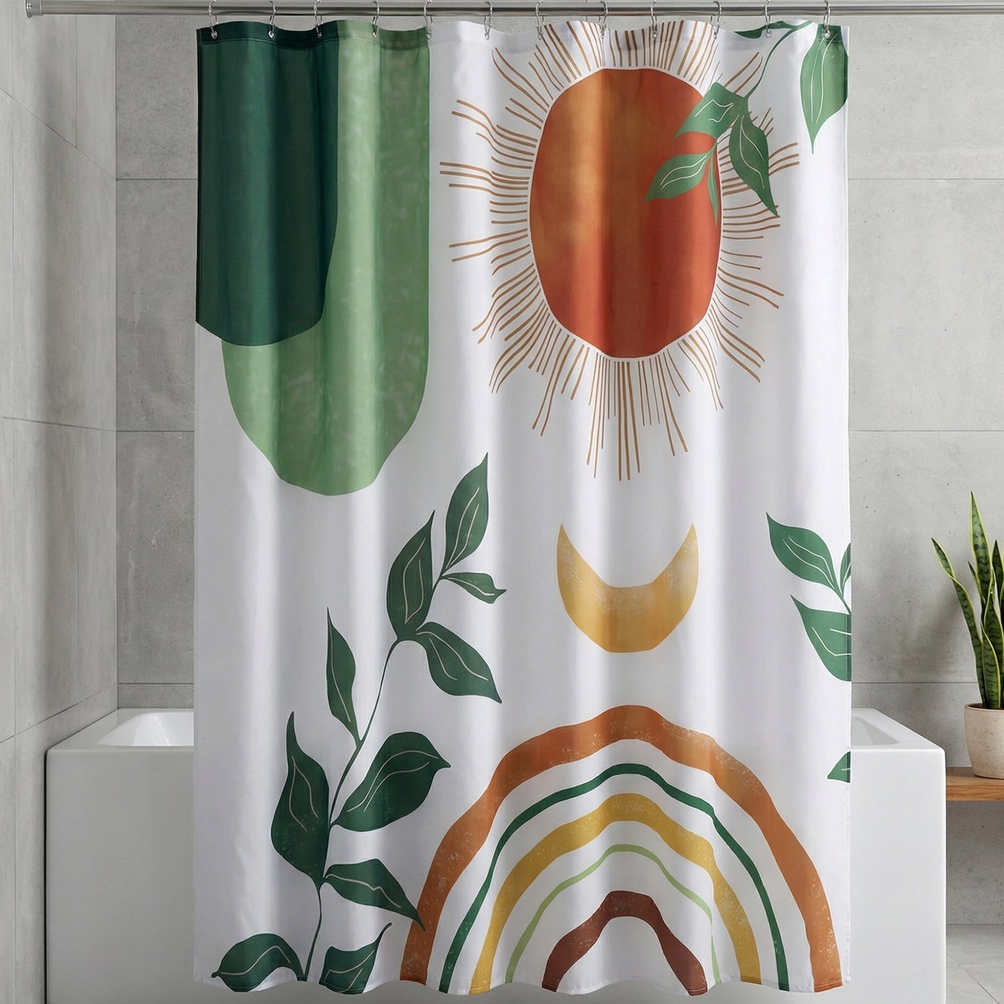Unique Bargains Leaf Print Shower Curtain Bohemian Waterproof Set Green Orange 71"W x 71"L