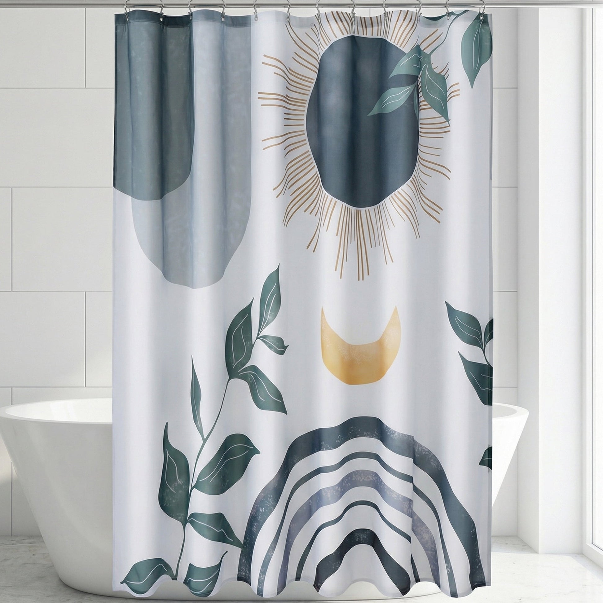 Unique Bargains Leaf Print Shower Curtain Bohemian Waterproof Set Grey Black 71"W x 71"L