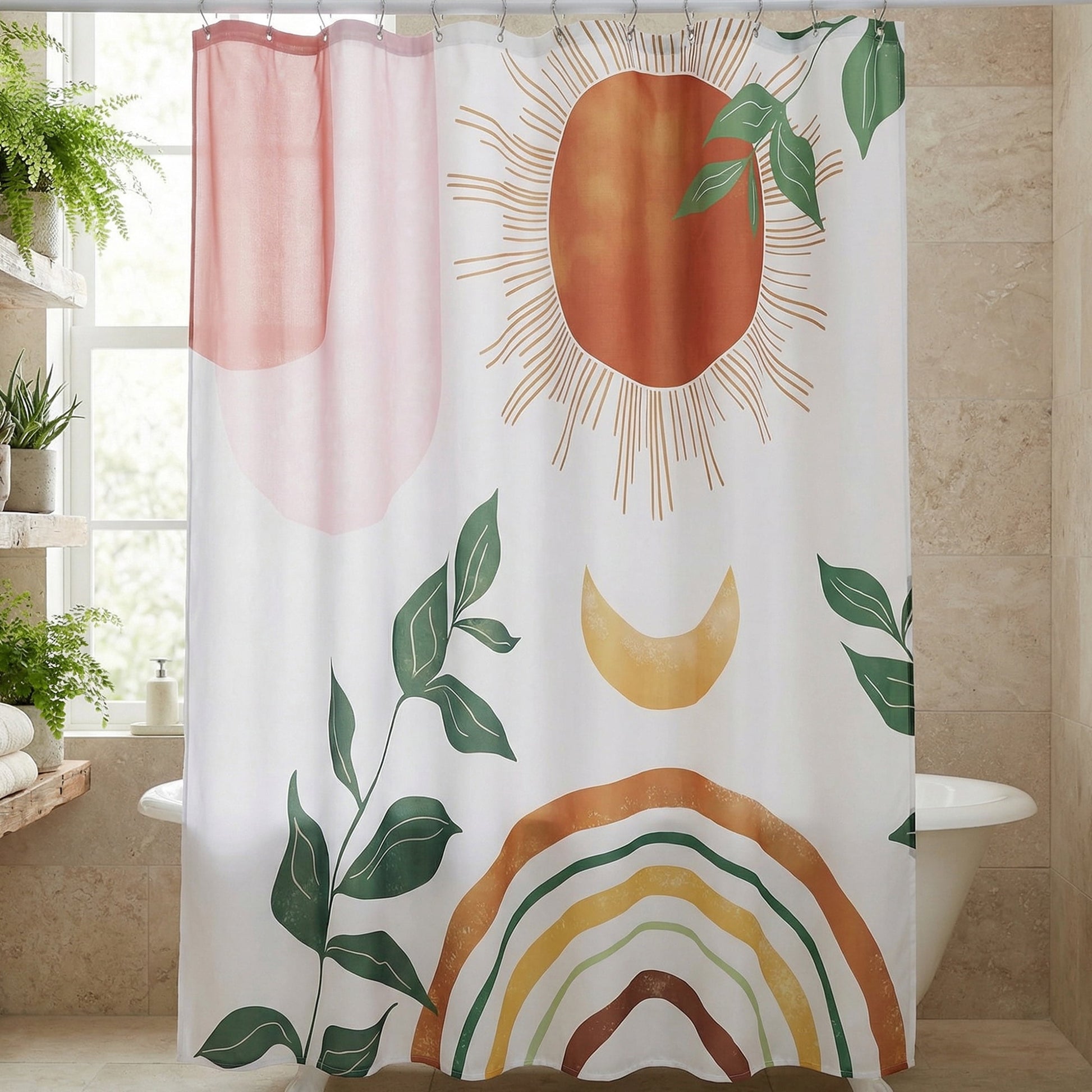Unique Bargains Leaf Print Shower Curtain Bohemian Waterproof Set Pink Orange 71"W x 71"L