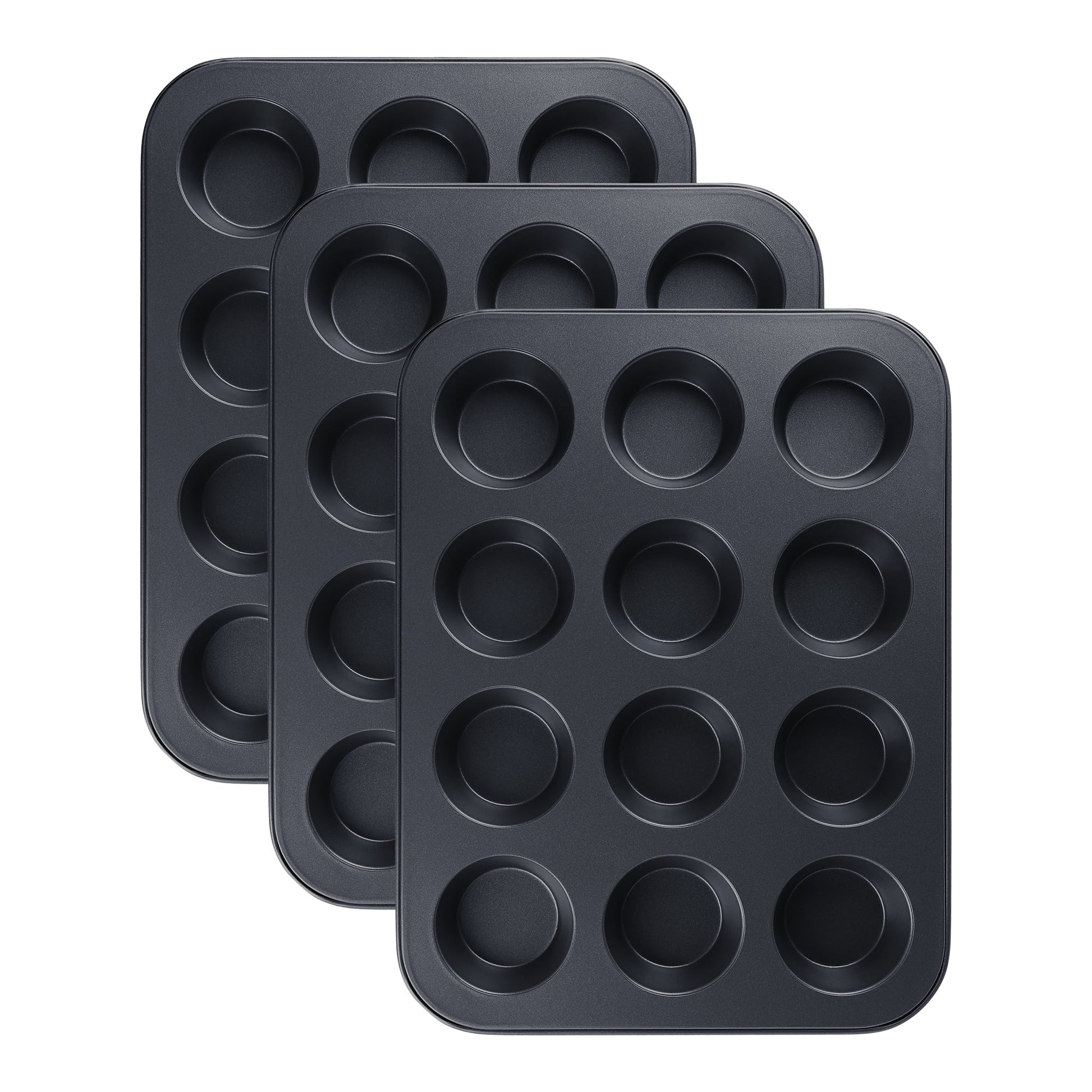 Unique Bargains Nonstick Cake Pan 12 Cups 3 Pack Black 13.2*10*1.1in