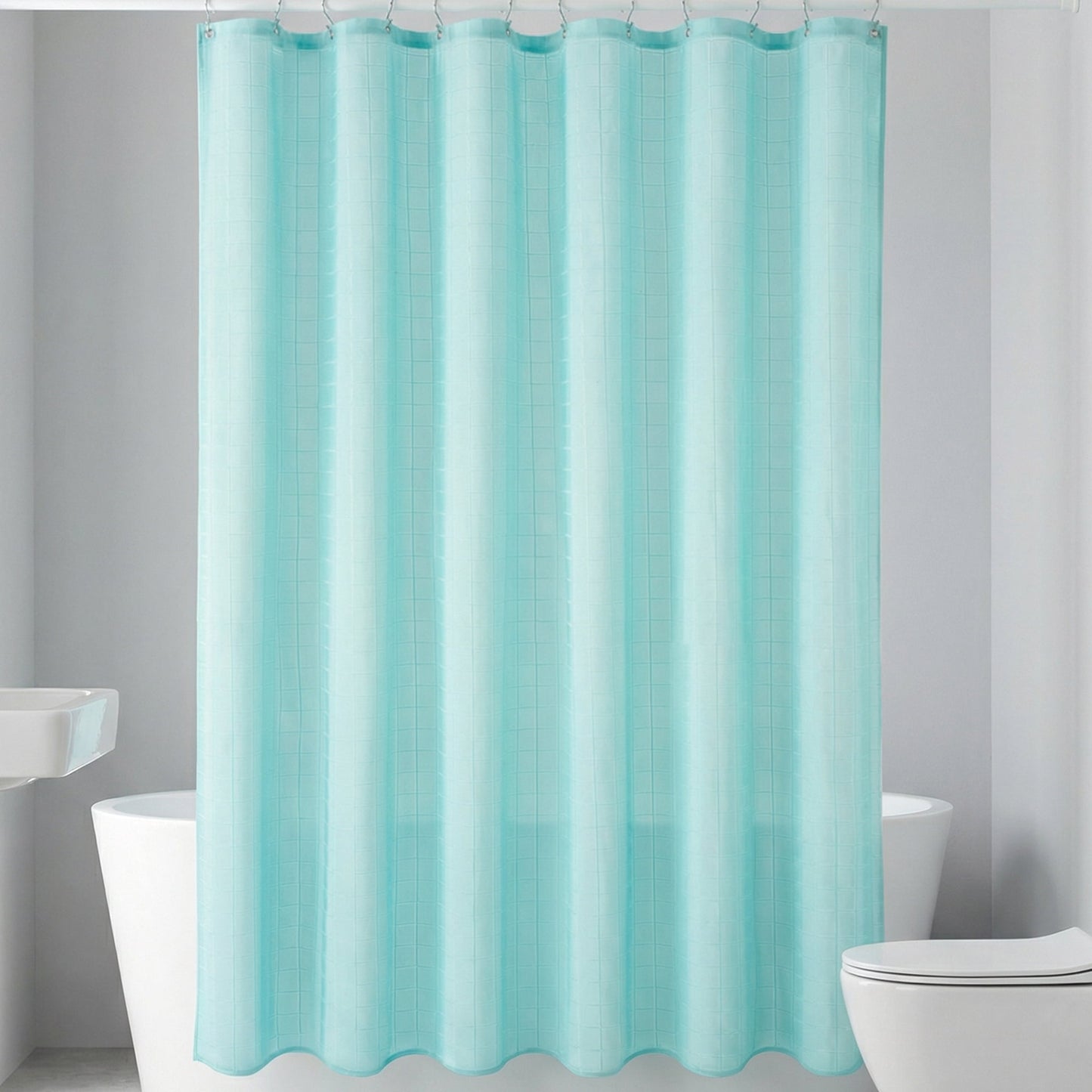 Unique Bargains Plaid Textured Shower Curtain Sets with 12 Hooks Light Blue 71"W x 71"L