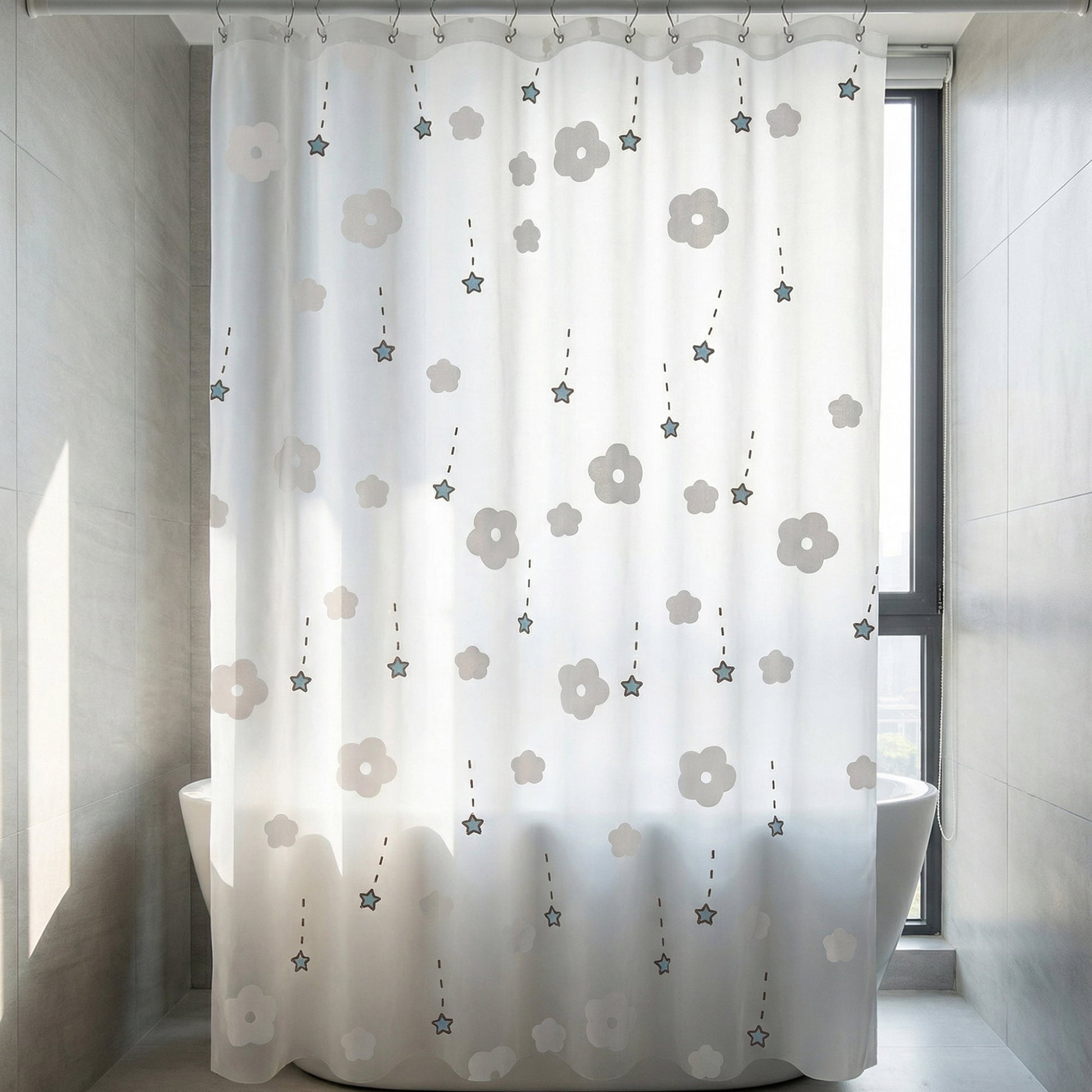 Unique Bargains Semi-Transparent PEVA Bath Curtain Sets White Flower 71"W x 71"L