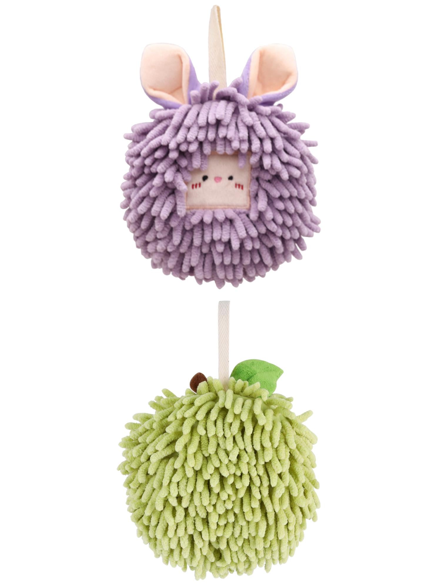 Unique Bargains Soft Chenille Ball Hand Towels 2 Pcs Green/Purple 6" x 6"/7" x 7"