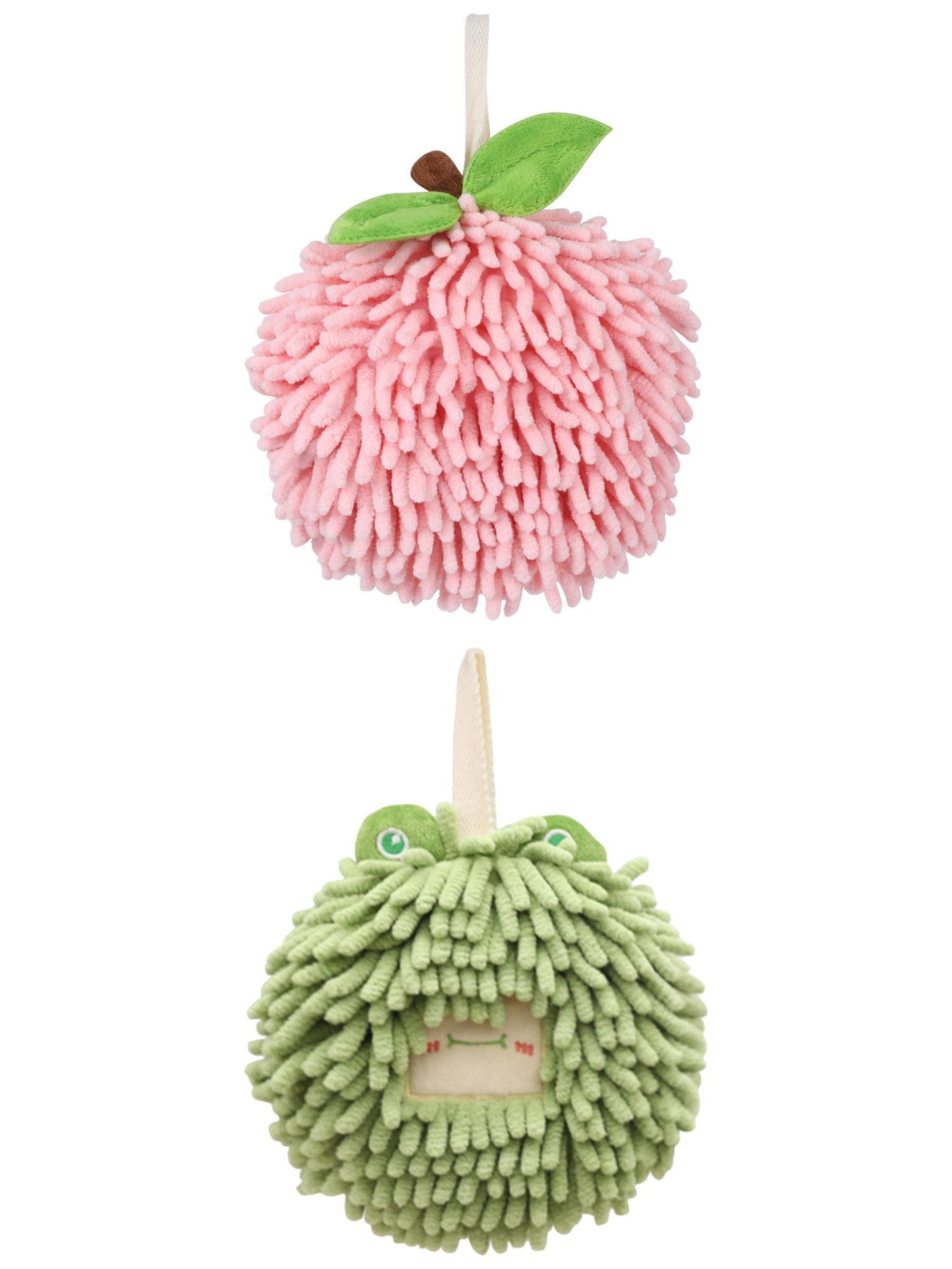 Unique Bargains Soft Chenille Ball Hand Towels 2 Pcs Pink/Green 6" x 6"/7" x 7"