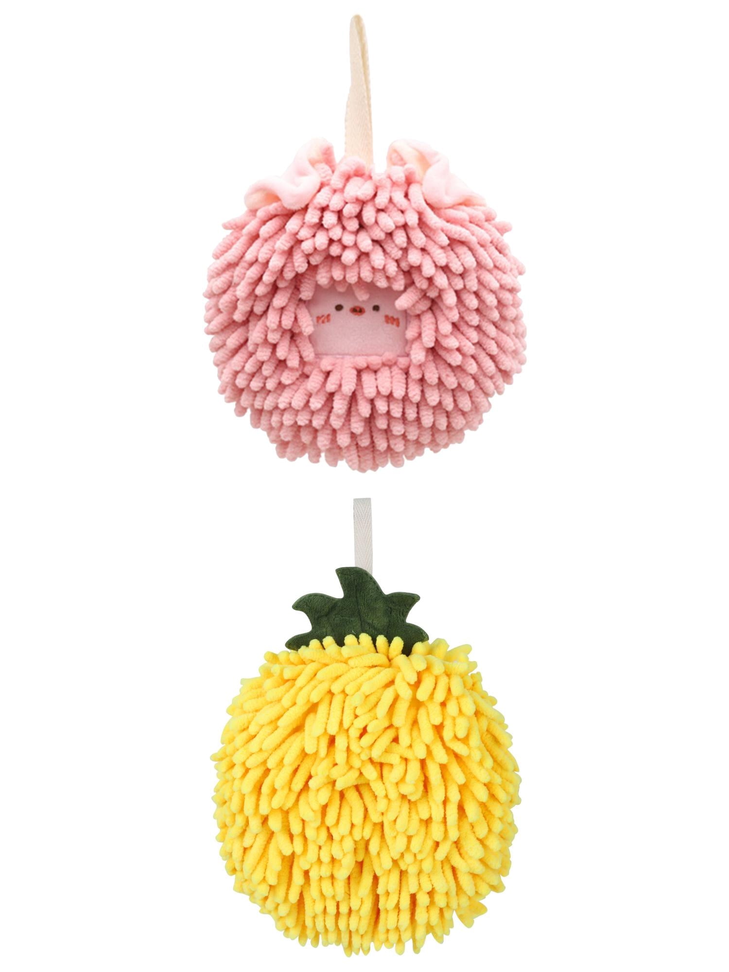 Unique Bargains Soft Chenille Ball Hand Towels 2 Pcs Yellow/Pink 6" x 6"/7" x 7"
