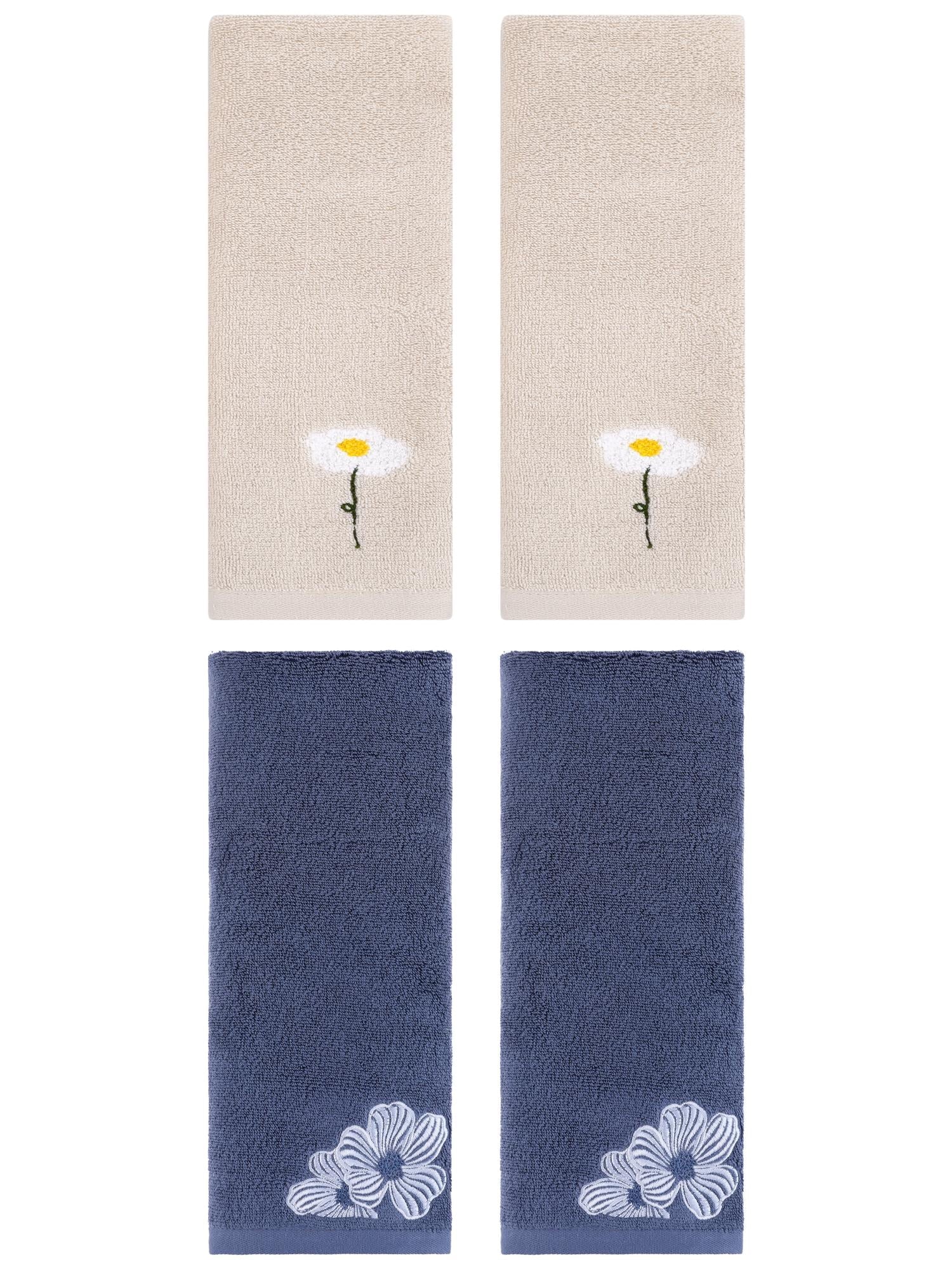 Unique Bargains Soft Floral Pattern Hand Towel Light Brown/Navy Blue 13" x 30"/14" x 31"