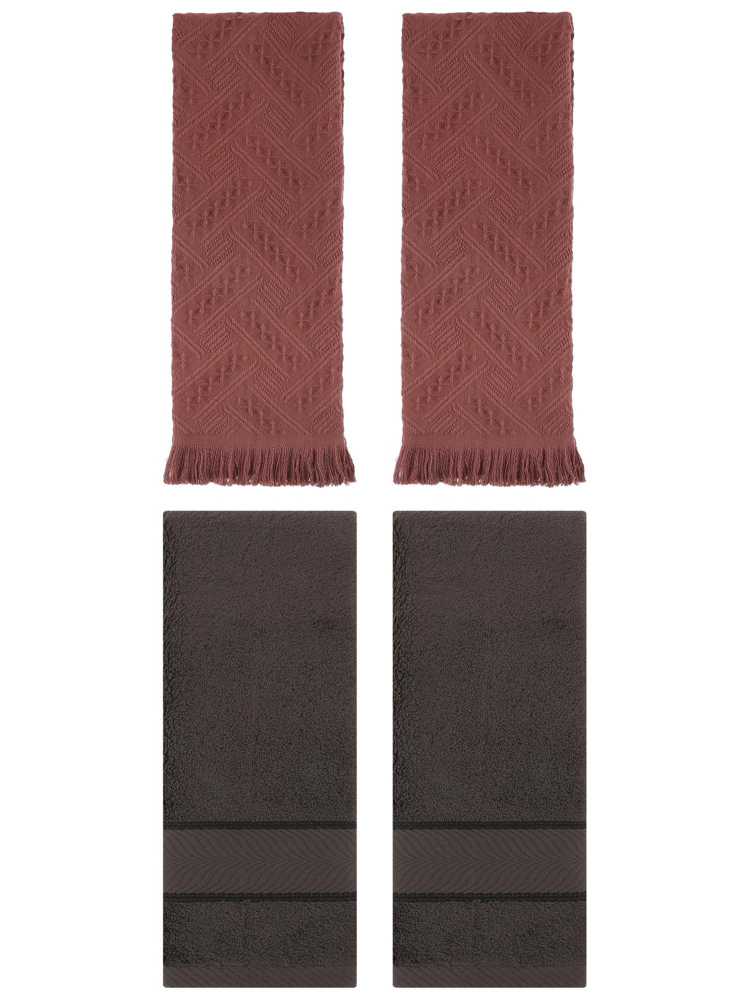 Unique Bargains Sold Striped Cotton Hand Towels 4 Pcs Dark Brown/Brown 14" x 30"/13" x 29"