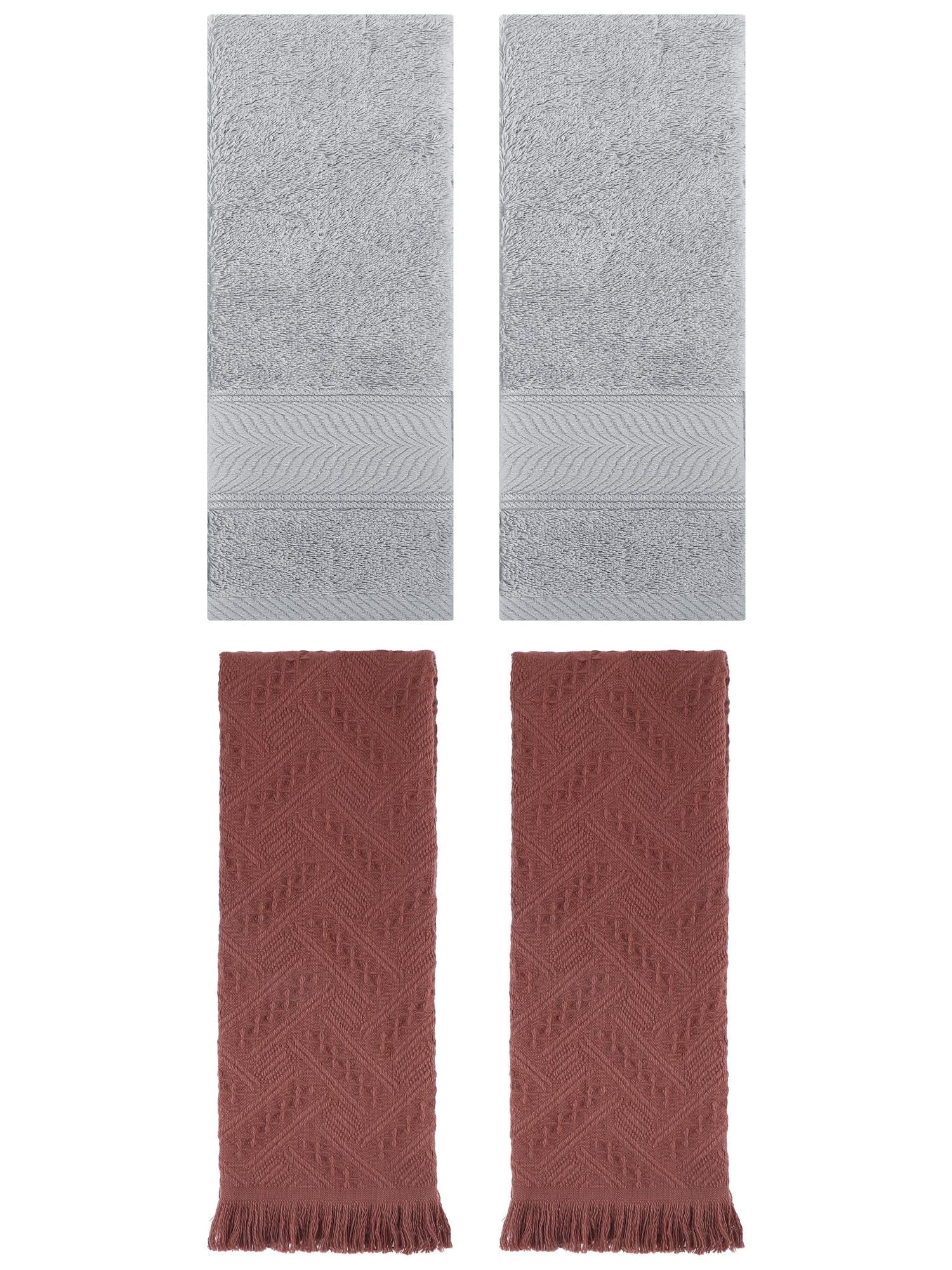Unique Bargains Sold Striped Cotton Hand Towels 4 Pcs Light Grey/Brown 14" x 30"/13" x 29"