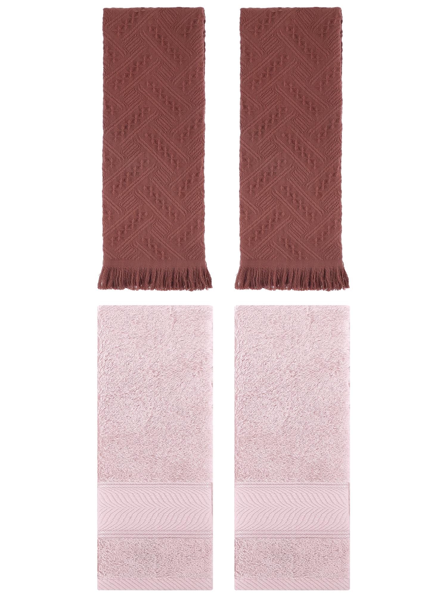 Unique Bargains Sold Striped Cotton Hand Towels 4 Pcs Light Pink/Brown 14" x 30"/13" x 29"