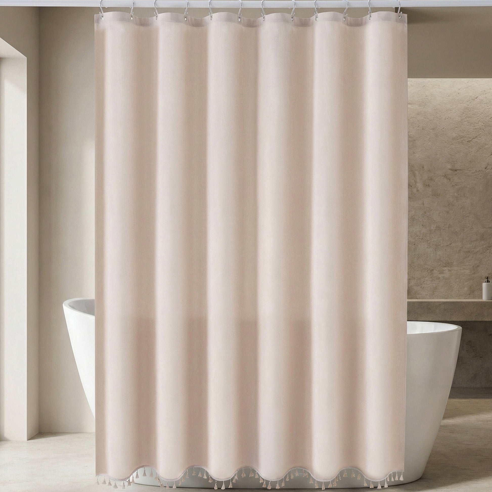 Unique Bargains Solid Trimmed Shower Curtain Sets with 12 Hooks Beige 71"W x 71"L