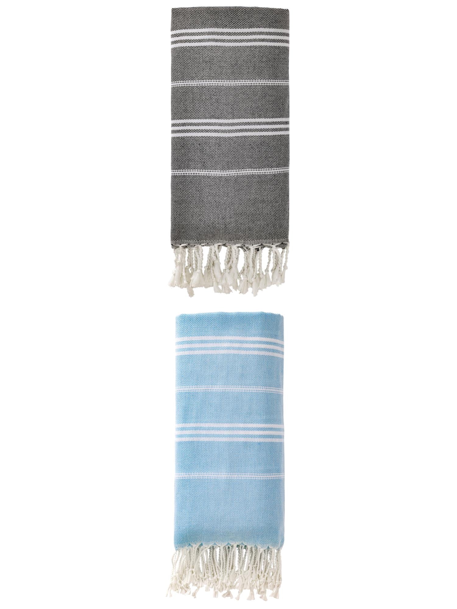 Unique Bargains Stripe Turkish Sand Free Towel 2 Pack Black/Light Blue 71"x35"