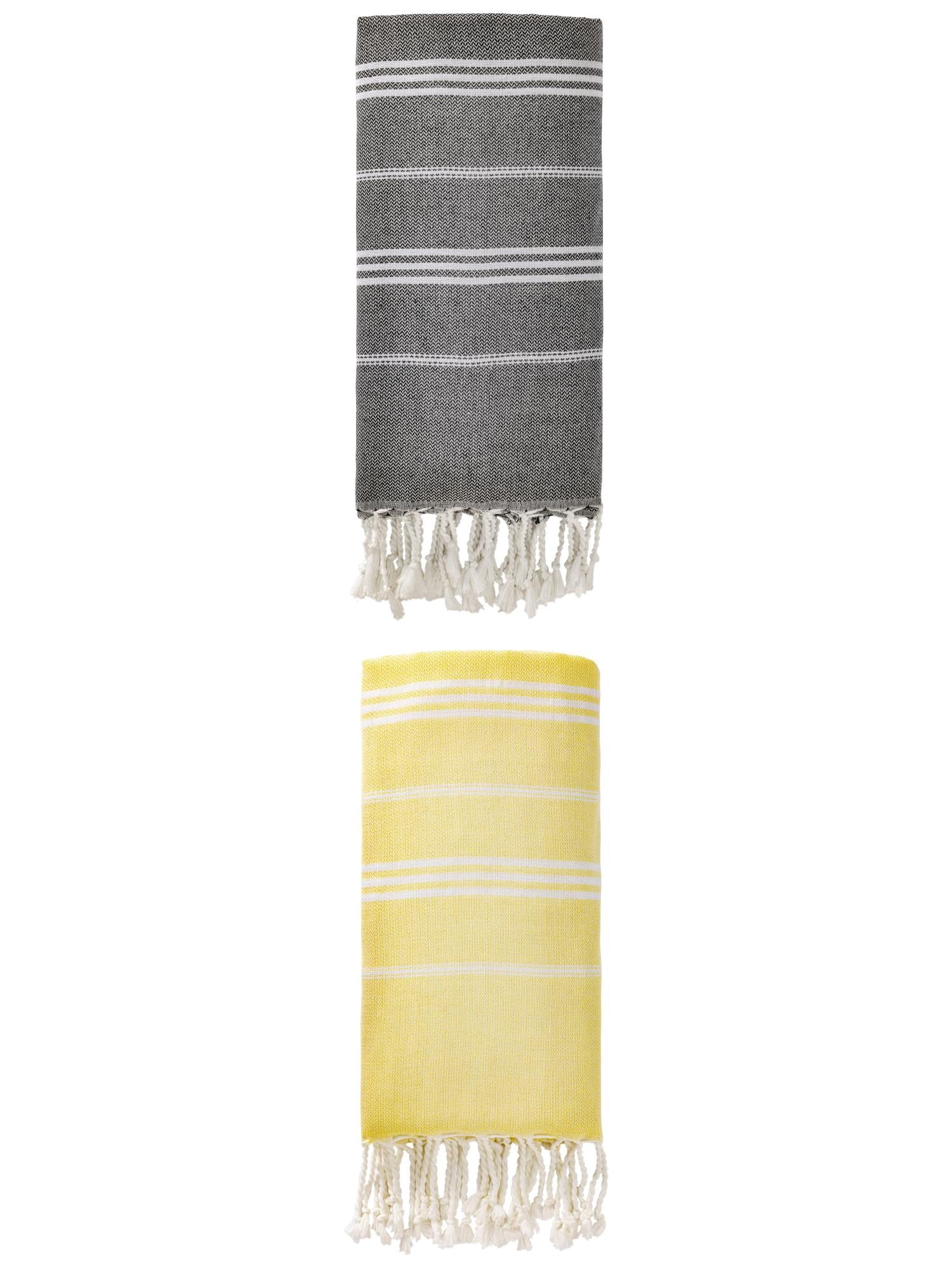 Unique Bargains Stripe Turkish Sand Free Towel 2 Pack Black/Light Yellow 71"x35"