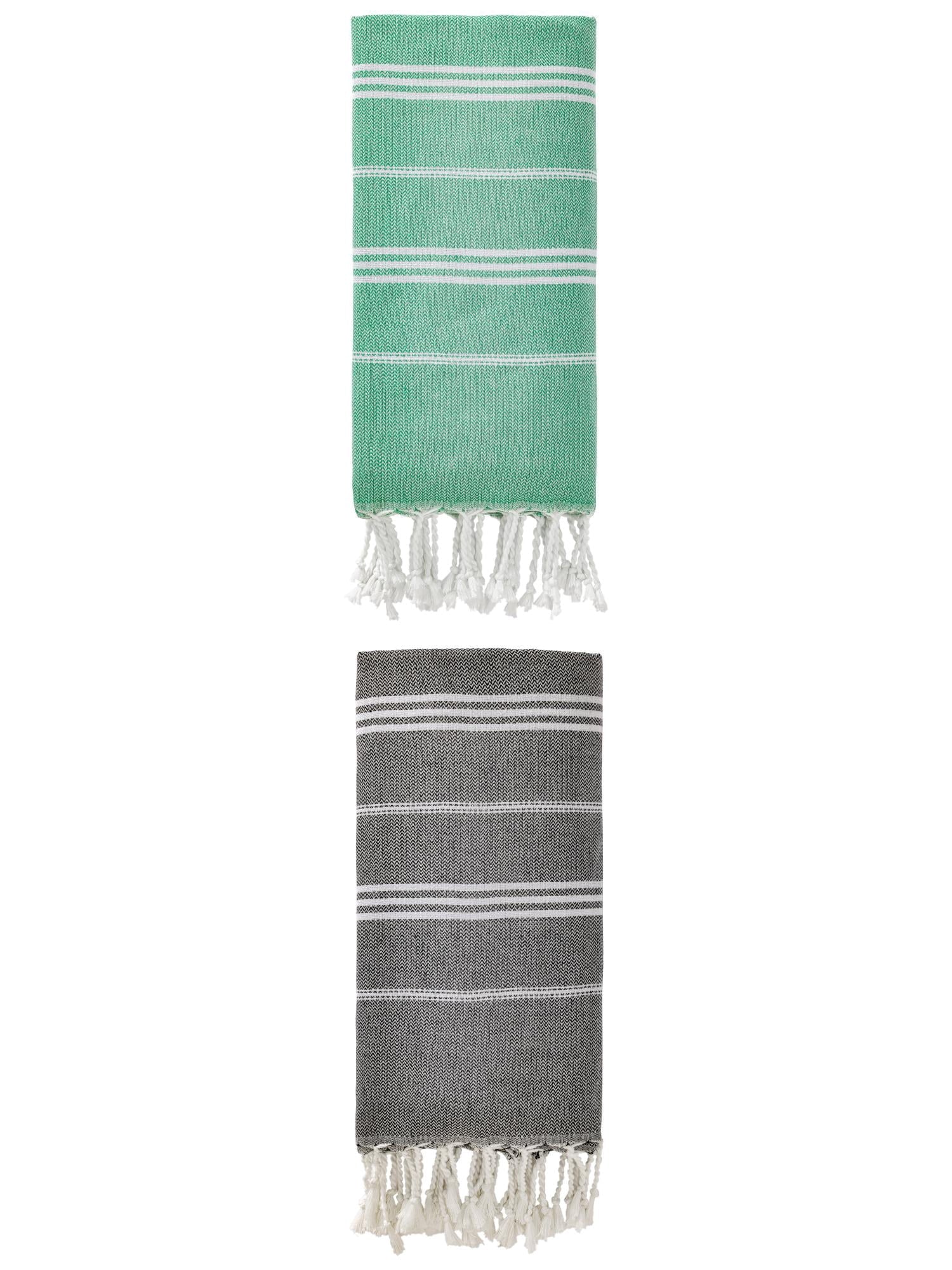 Unique Bargains Stripe Turkish Sand Free Towel 2 Pack Green/Black 71"x35"
