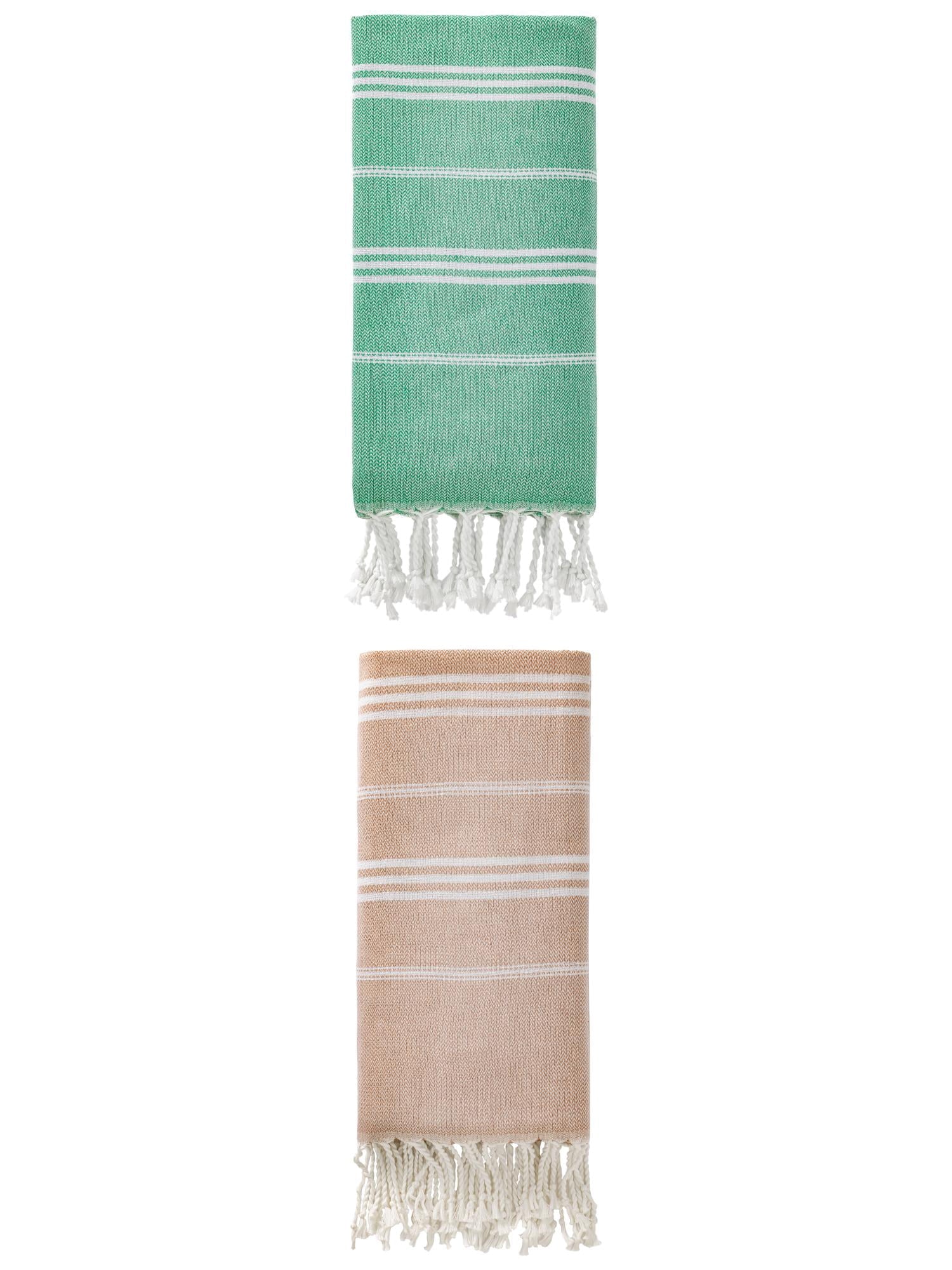 Unique Bargains Stripe Turkish Sand Free Towel 2 Pack Green/Brown 71"x35"