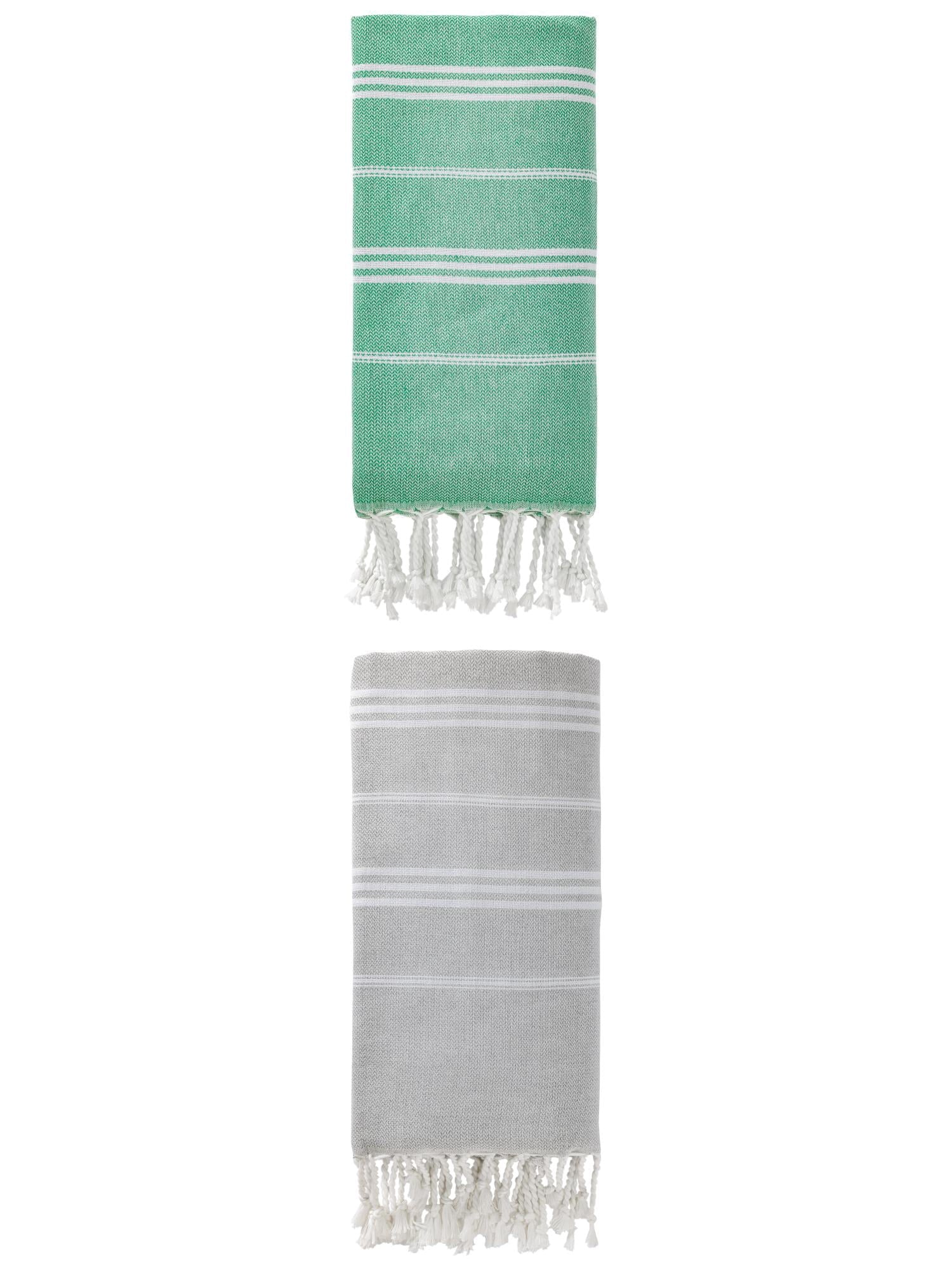 Unique Bargains Stripe Turkish Sand Free Towel 2 Pack Green/Grey 71"x35"