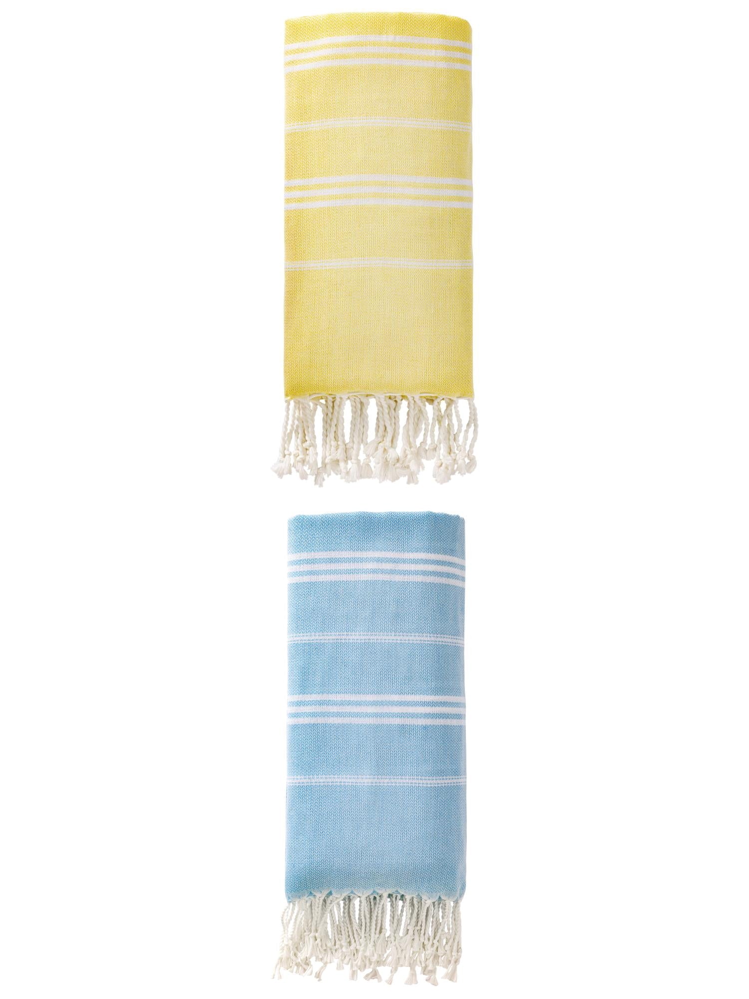 Unique Bargains Stripe Turkish Sand Free Towel 2 Pack Light Yellow/Light Blue 71"x35"