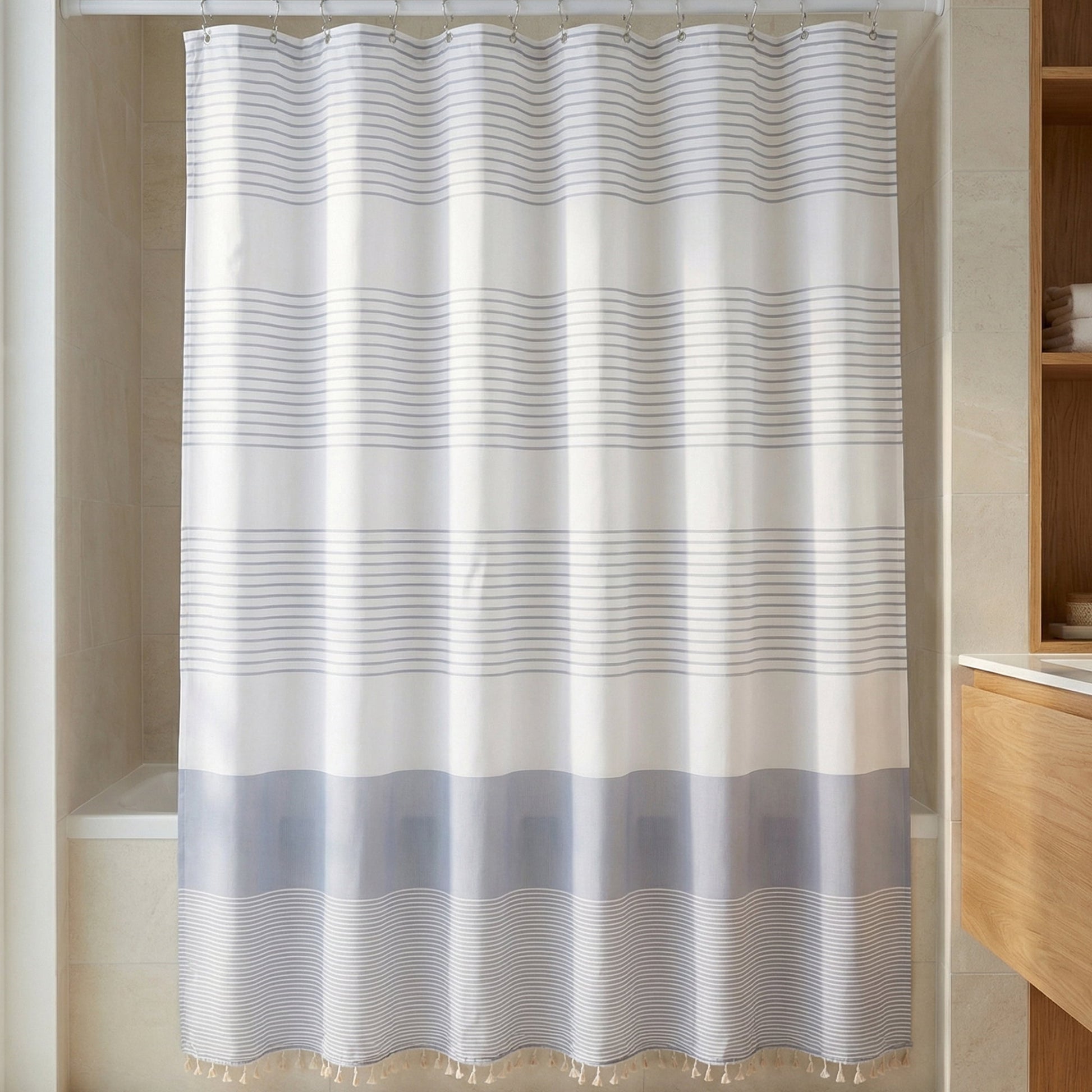 Unique Bargains Striped Waterproof Shower Curtain Sets with 12 Hooks Grey 72"W x 72"L