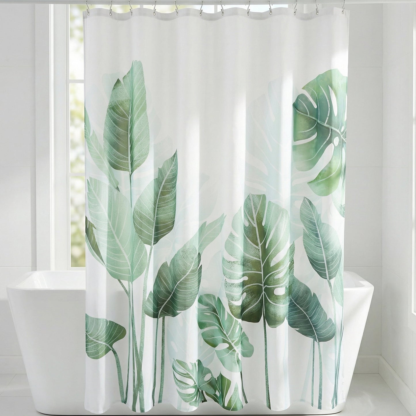Unique Bargains Waterproof Leaf Shower Curtain Sets Hooks Green Pattern 1 71"W x 71"L