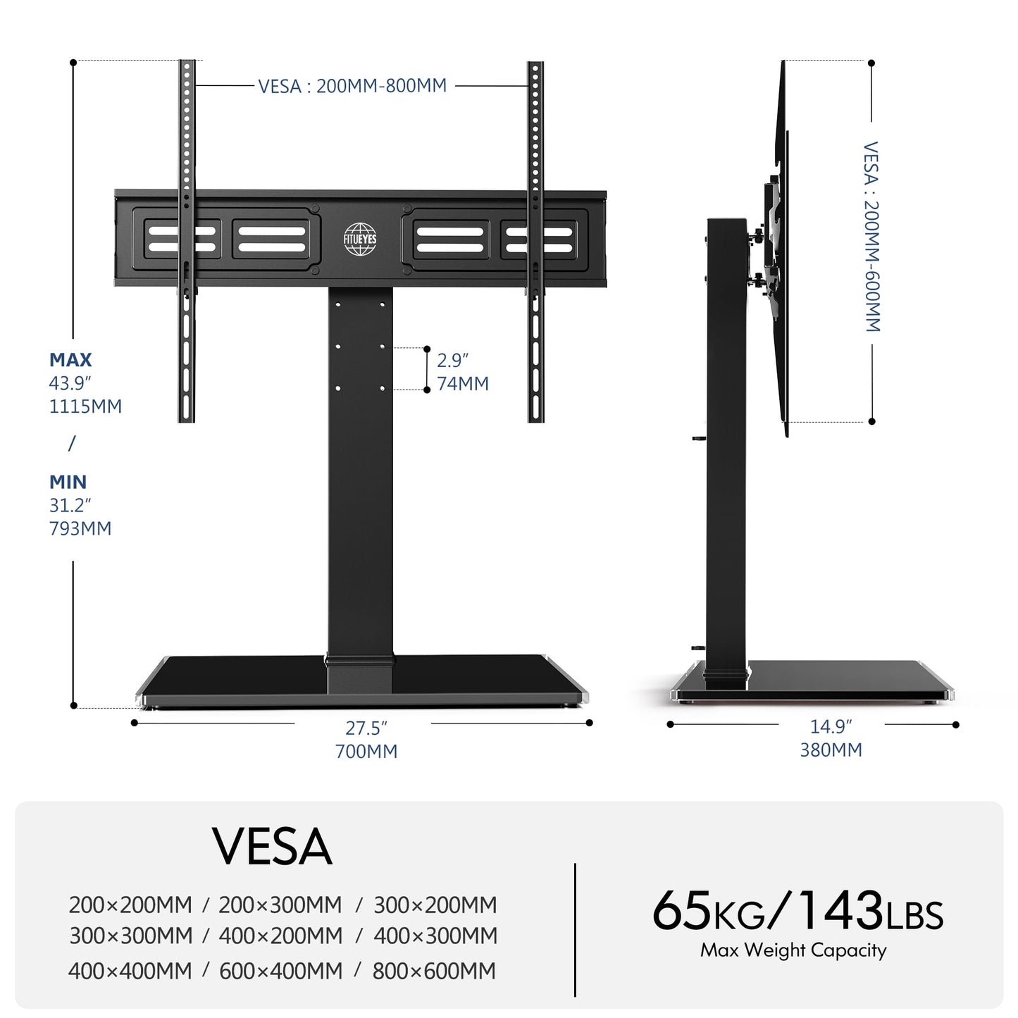 Universal Table Top TV Stand for 50-85 Inch TVs, Height Adjustable and Swivel with Tempered Glass Base Hold up to 110 lbs,Black