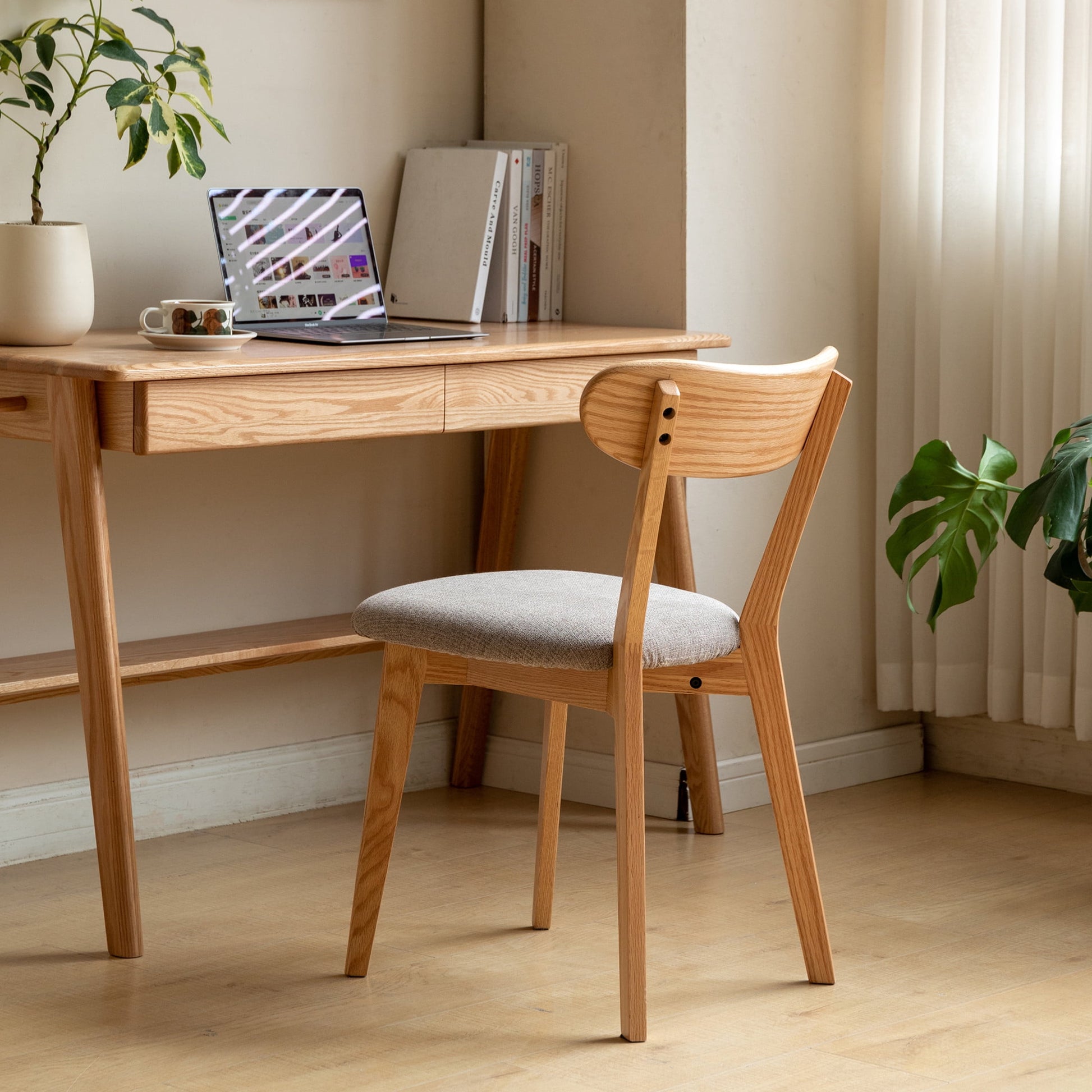 Juego de 2 Sillas de Comedor Tapizadas, Roble Americano de Grado FAS SÃ³lido, 100% Madera Dura Natural sin Suciedad, Sillas de Madera CÃ³modas para Mesa de Comedor O Sala de Estar, Roble Natural + Gris Niebla