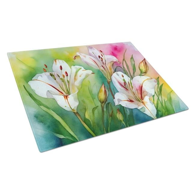 Utah Sego Lilies in Watercolor Glass Cutting Board Large 12 in x 15 in