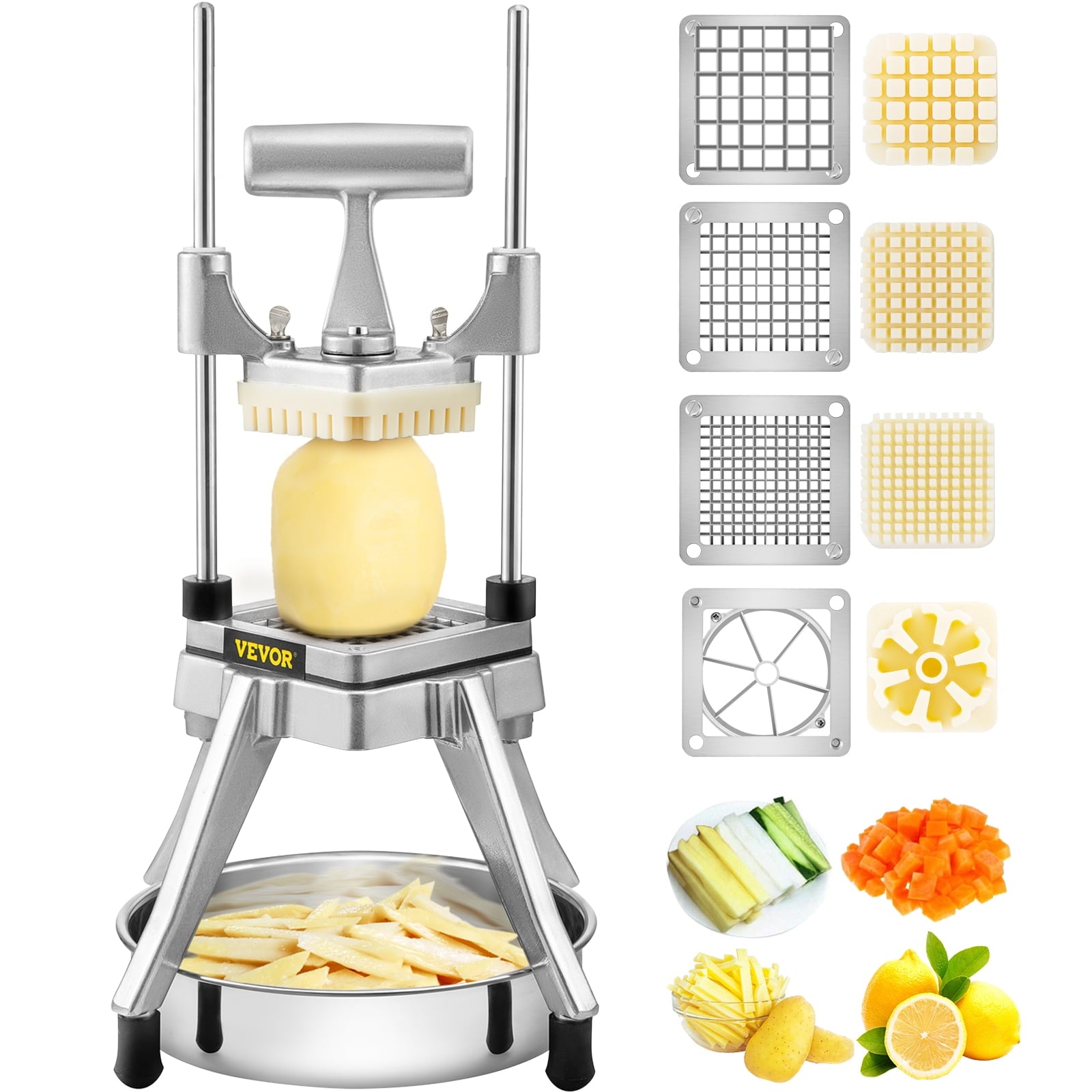 VEVOR Commercial Vegetable Fruit Chopper, Stainless Steel French Fry Cut with 4 Blades 1/4" 3/8" 1/2", Vegetable Chopper Dicer with Stainless Bowl, Heavy Duty Cutter for Potato Tomato Onion Mushroom