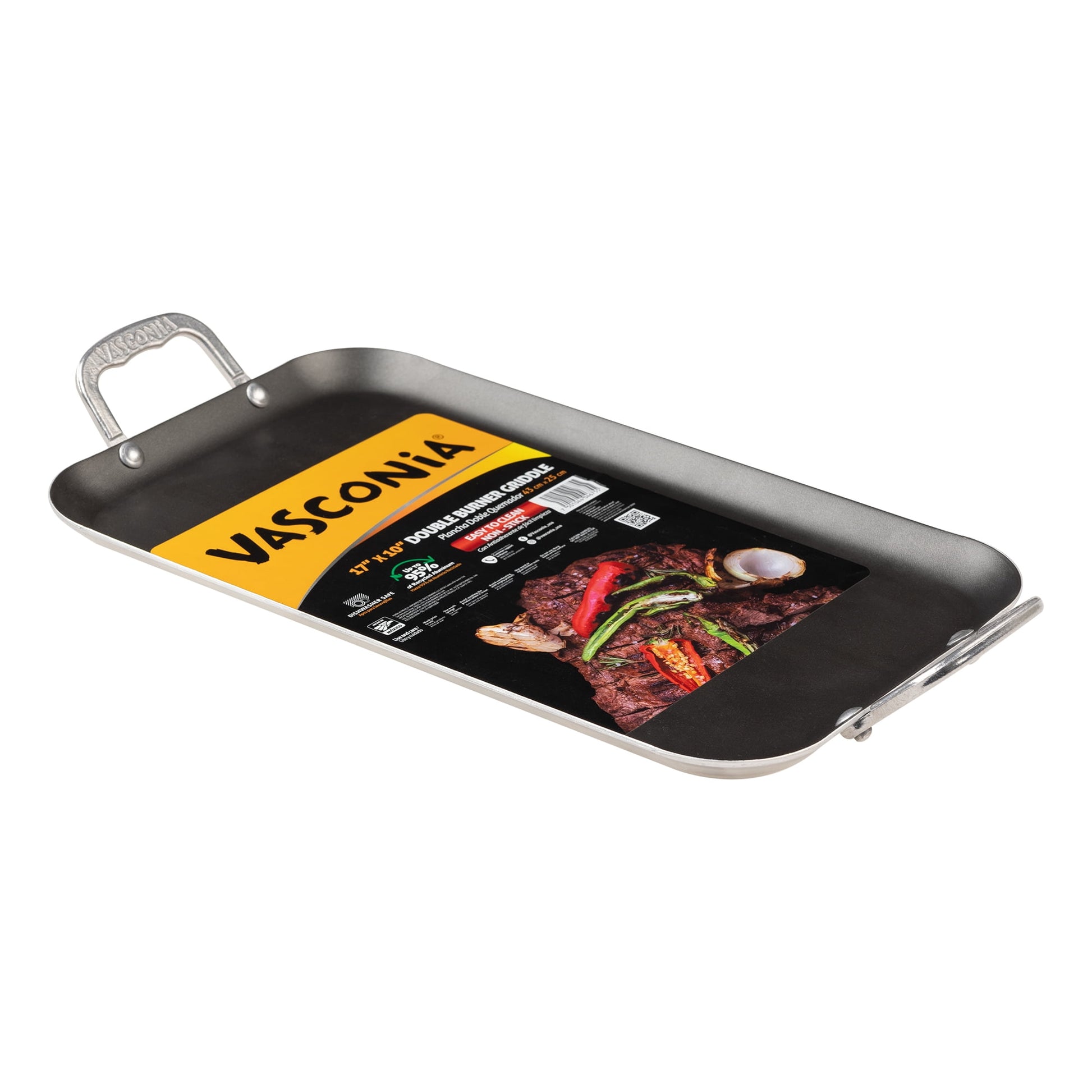 Vasconia 17x10 Inch Nonstick Aluminum Double Burner Griddle, Oven Safe 350Â°F, Dishwasher Safe