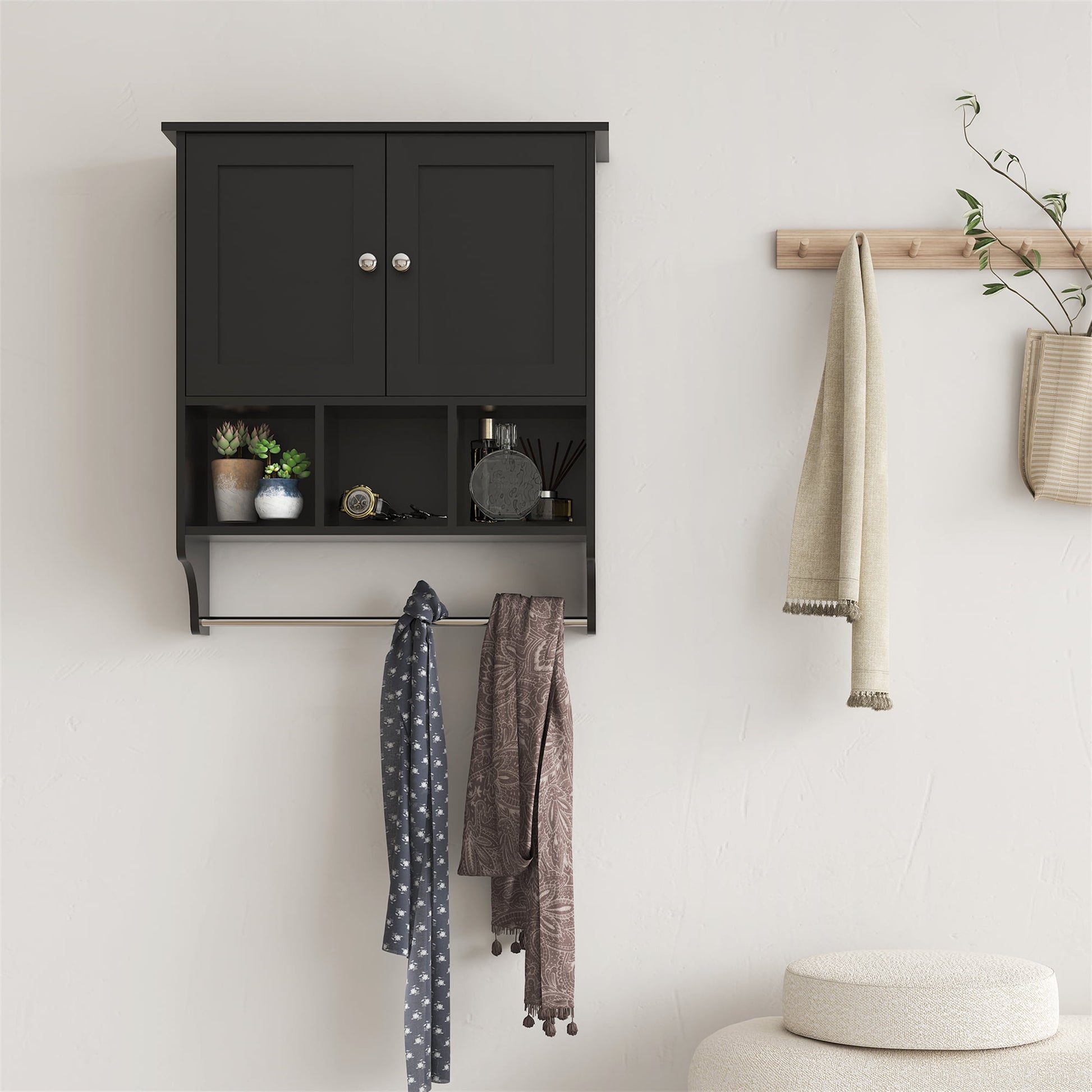 Vastcury 27.5" Bathroom Wall Cabinet, Over the Toilet Storage Medicine Cabinet with 2 Door Cupboard, Adjustable Shelf and Towels Bar, Black