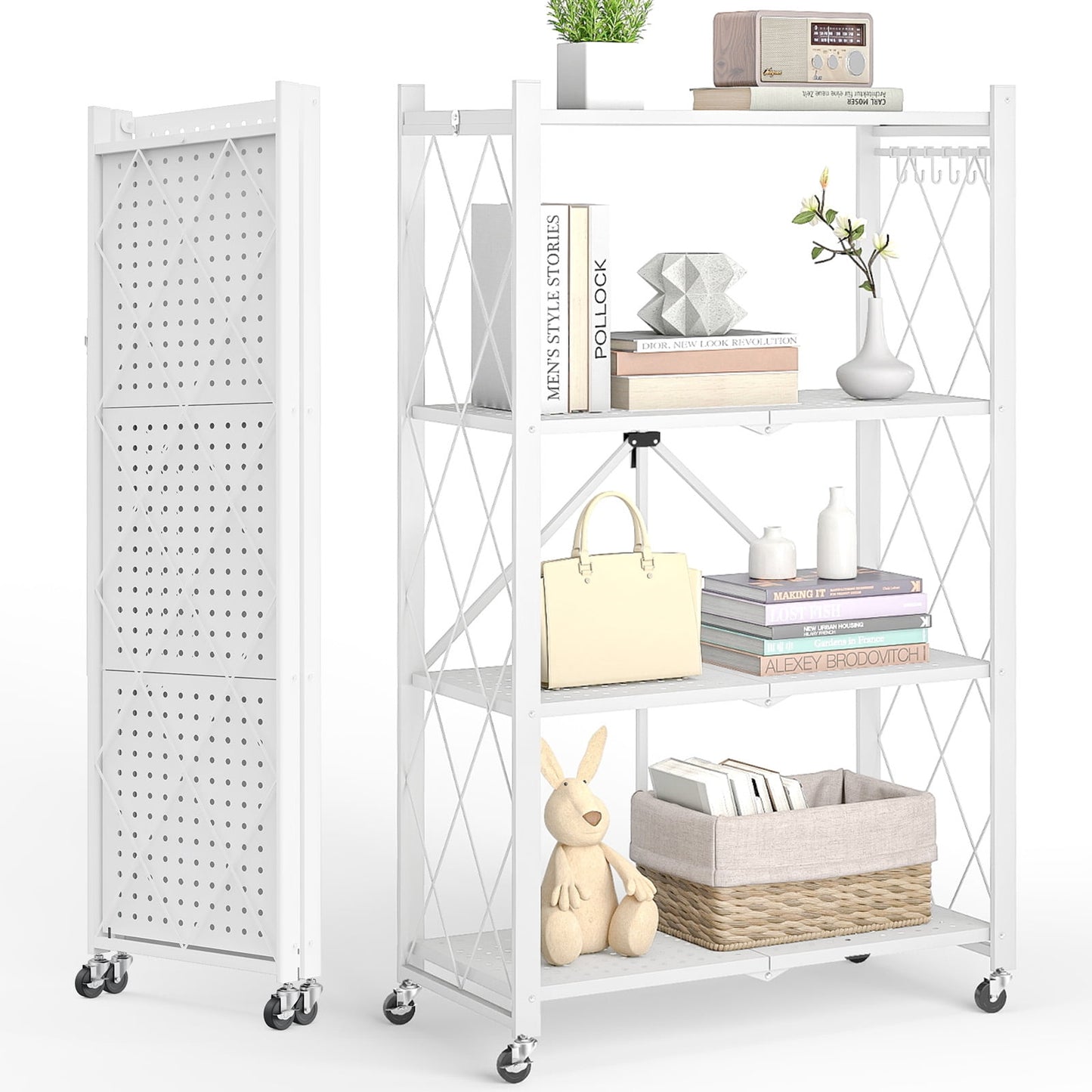 Vebreda 4-Tier Foldable Metal Storage Shelf with Wheels, No-Assembly Collapsible Shelving Unit, Heavy-Duty Rolling Organizer Rack