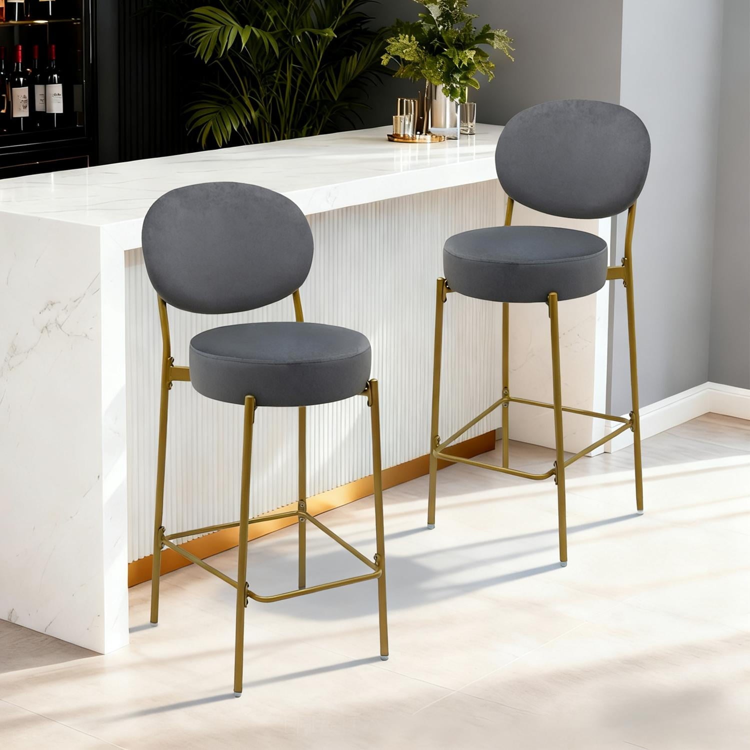 Velvet Upholstered Bar Stools 2 Pack with Gold Legs Counter Height Stools Featuring Backrest and Footrest for Kitchen Dining in Gray