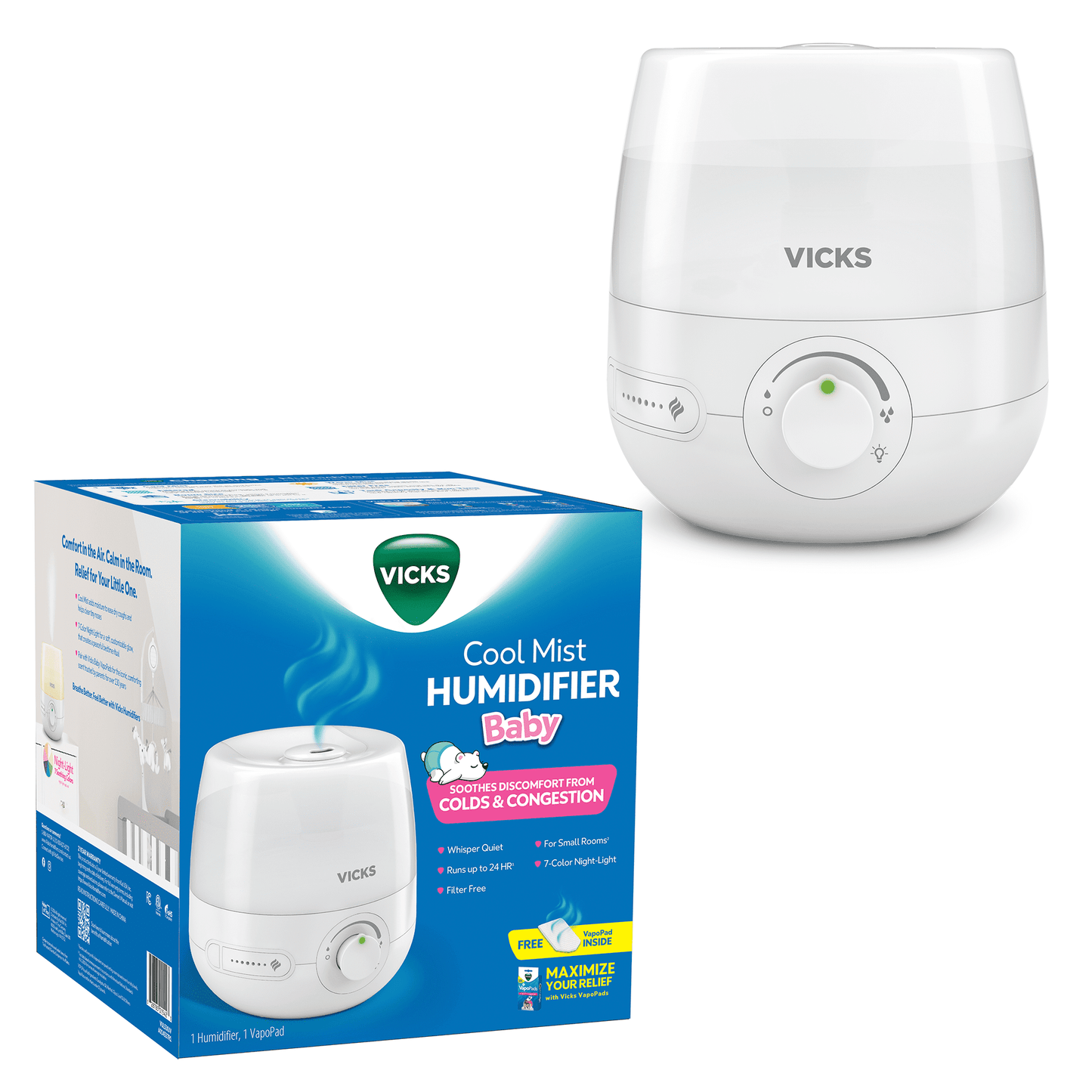Vicks Baby 0.6 gal Cool Mist Humidifier, Color Changing Night Light & 1 Bonus VapoPad, 200 sq ft